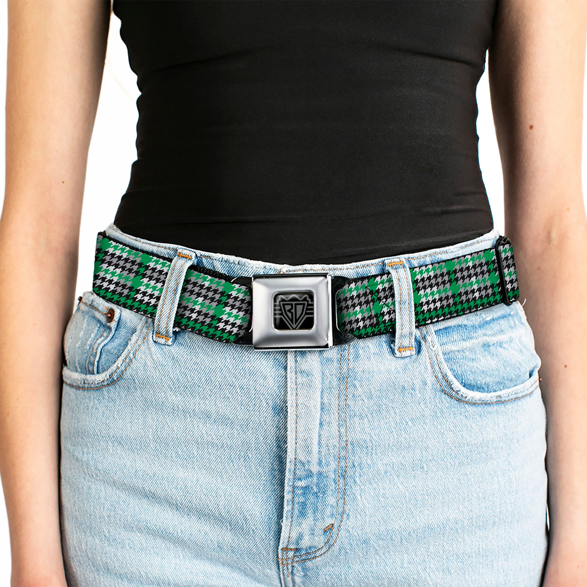 BD Wings Logo CLOSE-UP Full Color Black Silver Seatbelt Belt - Mini Houndstooth Green/Black/Gray Webbing Seatbelt Belts Buckle-Down