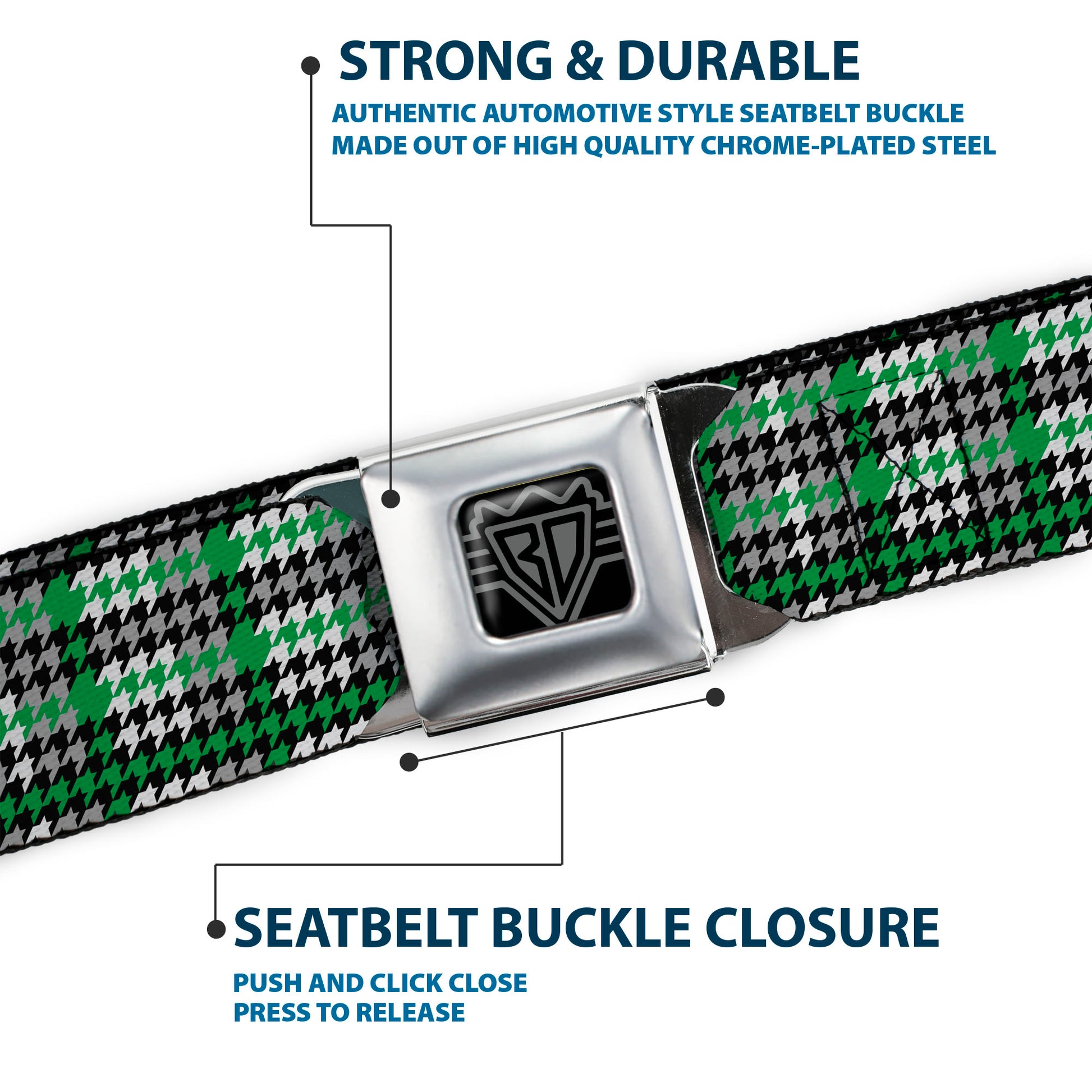 BD Wings Logo CLOSE-UP Full Color Black Silver Seatbelt Belt - Mini Houndstooth Green/Black/Gray Webbing Seatbelt Belts Buckle-Down
