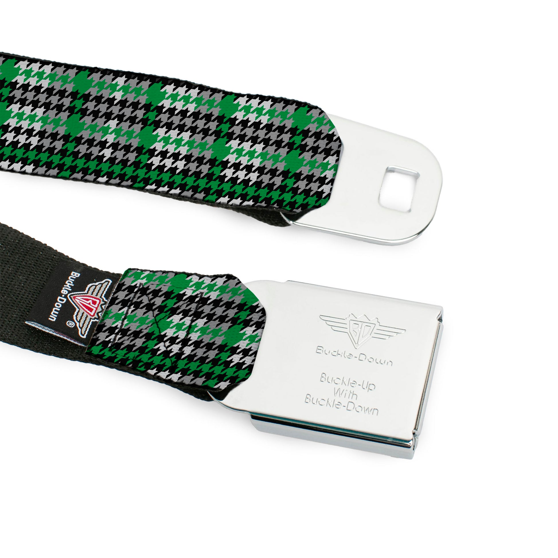 BD Wings Logo CLOSE-UP Full Color Black Silver Seatbelt Belt - Mini Houndstooth Green/Black/Gray Webbing Seatbelt Belts Buckle-Down