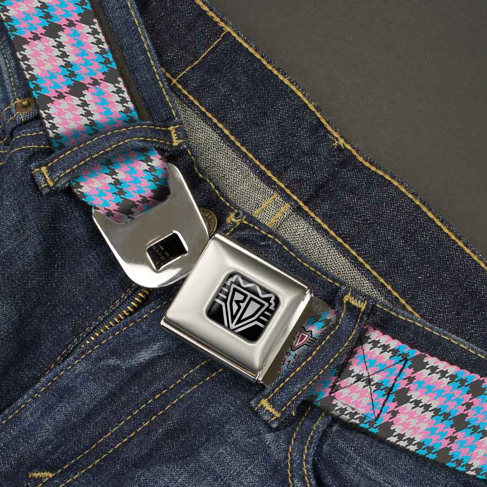 BD Wings Logo CLOSE-UP Full Color Black Silver Seatbelt Belt - Mini Houndstooth Gray/Baby Blue/Pink Webbing Seatbelt Belts Buckle-Down