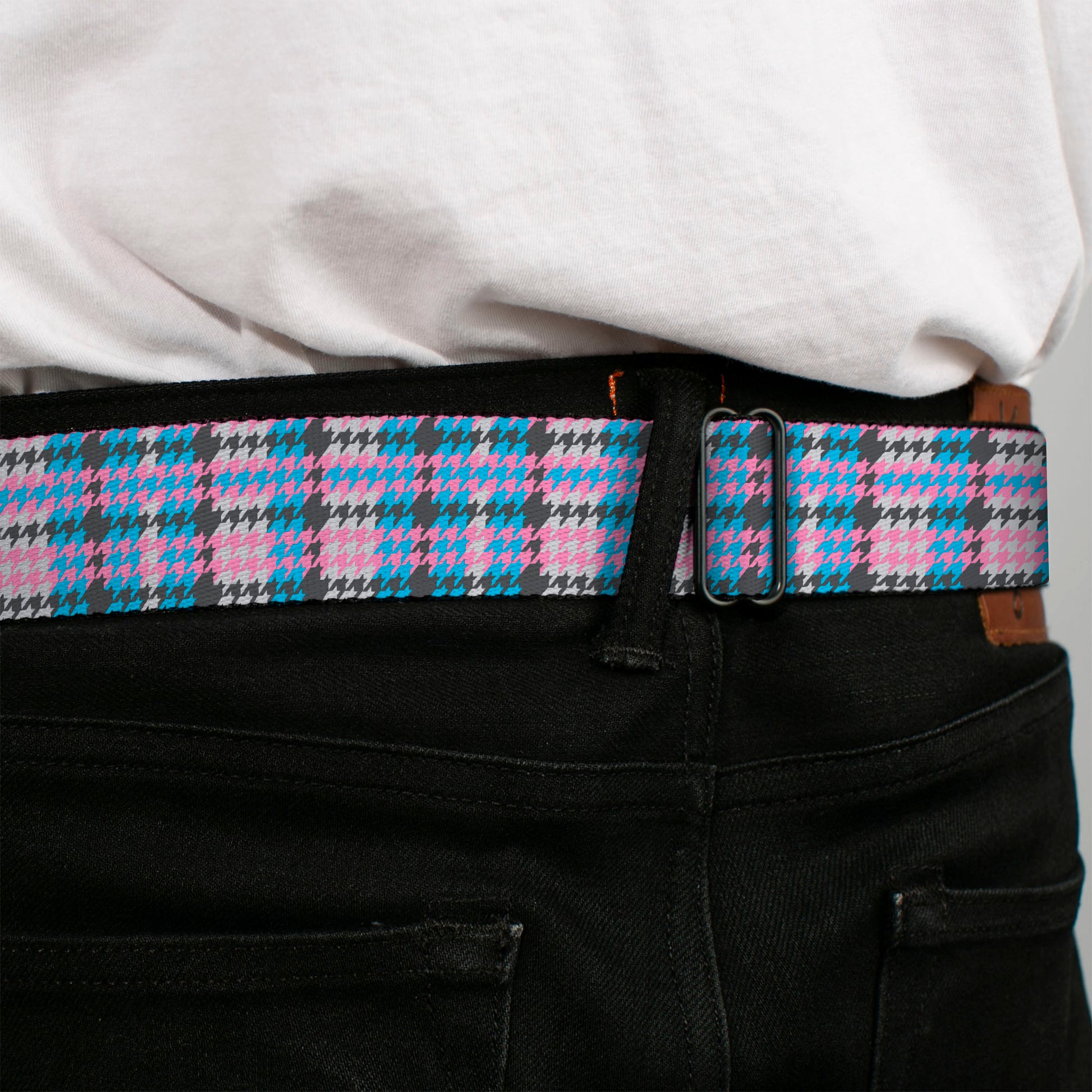 BD Wings Logo CLOSE-UP Full Color Black Silver Seatbelt Belt - Mini Houndstooth Gray/Baby Blue/Pink Webbing Seatbelt Belts Buckle-Down