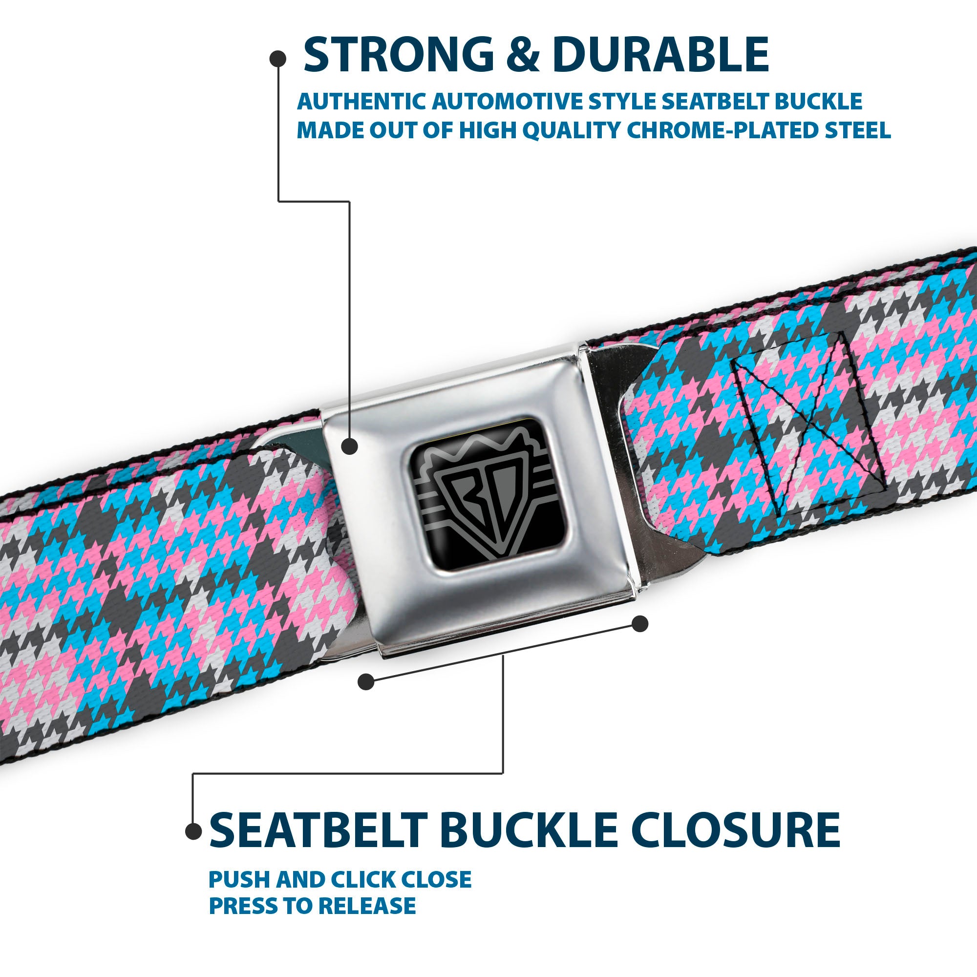 BD Wings Logo CLOSE-UP Full Color Black Silver Seatbelt Belt - Mini Houndstooth Gray/Baby Blue/Pink Webbing Seatbelt Belts Buckle-Down