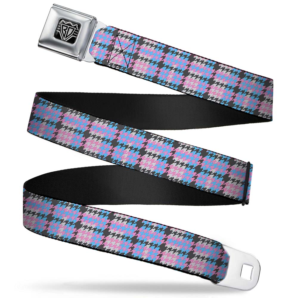 BD Wings Logo CLOSE-UP Full Color Black Silver Seatbelt Belt - Mini Houndstooth Gray/Baby Blue/Pink Webbing Seatbelt Belts Buckle-Down