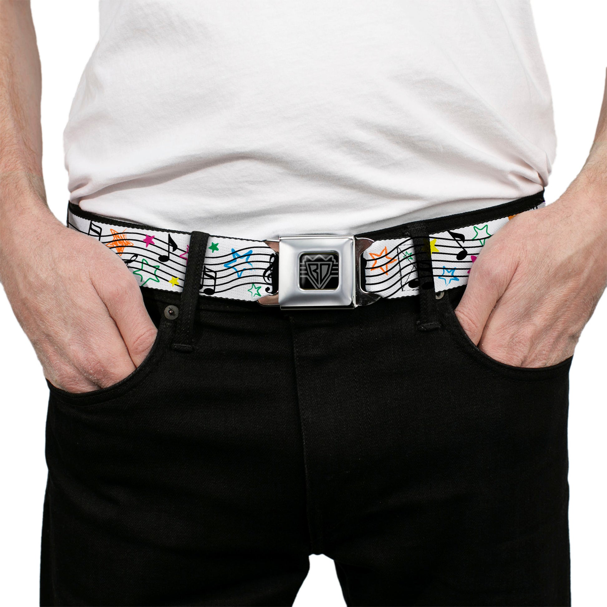 BD Wings Logo CLOSE-UP Full Color Black Silver Seatbelt Belt - Music Notes Stars White/Black/Multi Color Webbing Seatbelt Belts Buckle-Down