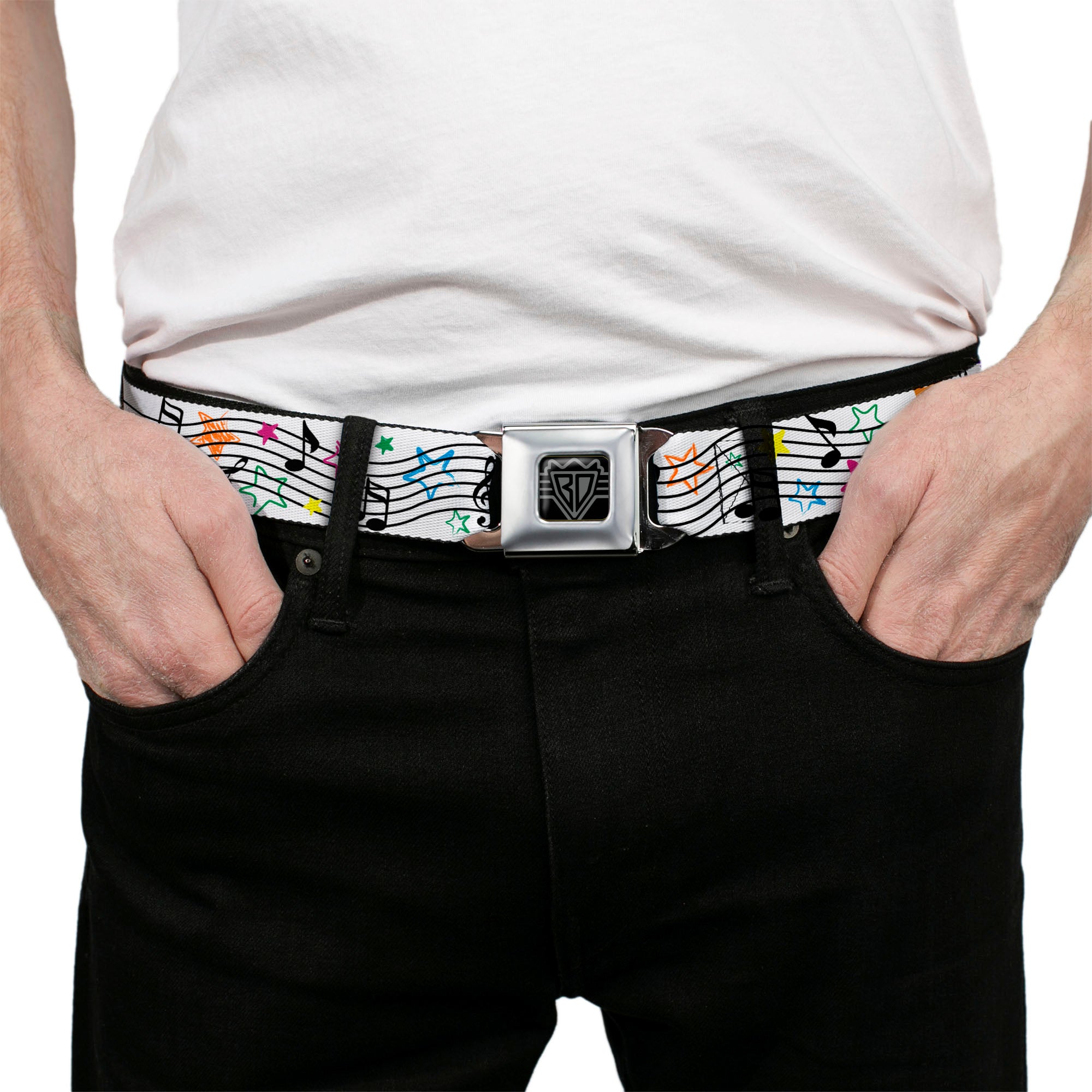 BD Wings Logo CLOSE-UP Full Color Black Silver Seatbelt Belt - Music Notes Stars White/Black/Multi Color Webbing Seatbelt Belts Buckle-Down