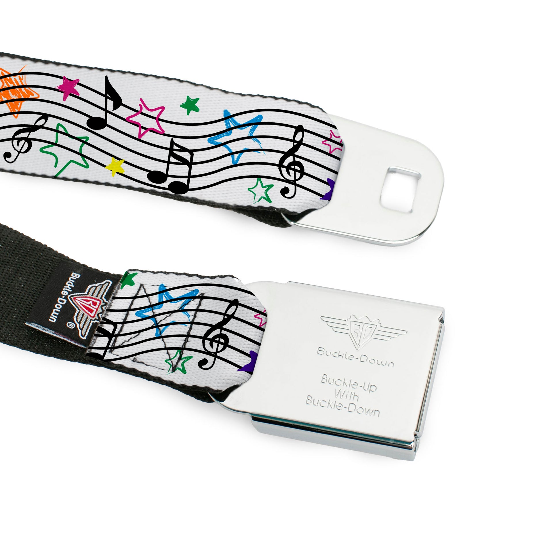 BD Wings Logo CLOSE-UP Full Color Black Silver Seatbelt Belt - Music Notes Stars White/Black/Multi Color Webbing Seatbelt Belts Buckle-Down