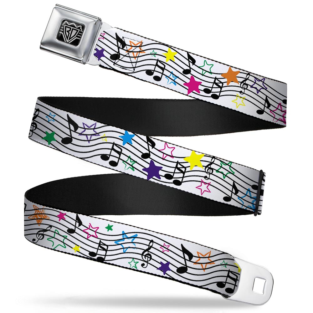 BD Wings Logo CLOSE-UP Full Color Black Silver Seatbelt Belt - Music Notes Stars White/Black/Multi Color Webbing Seatbelt Belts Buckle-Down