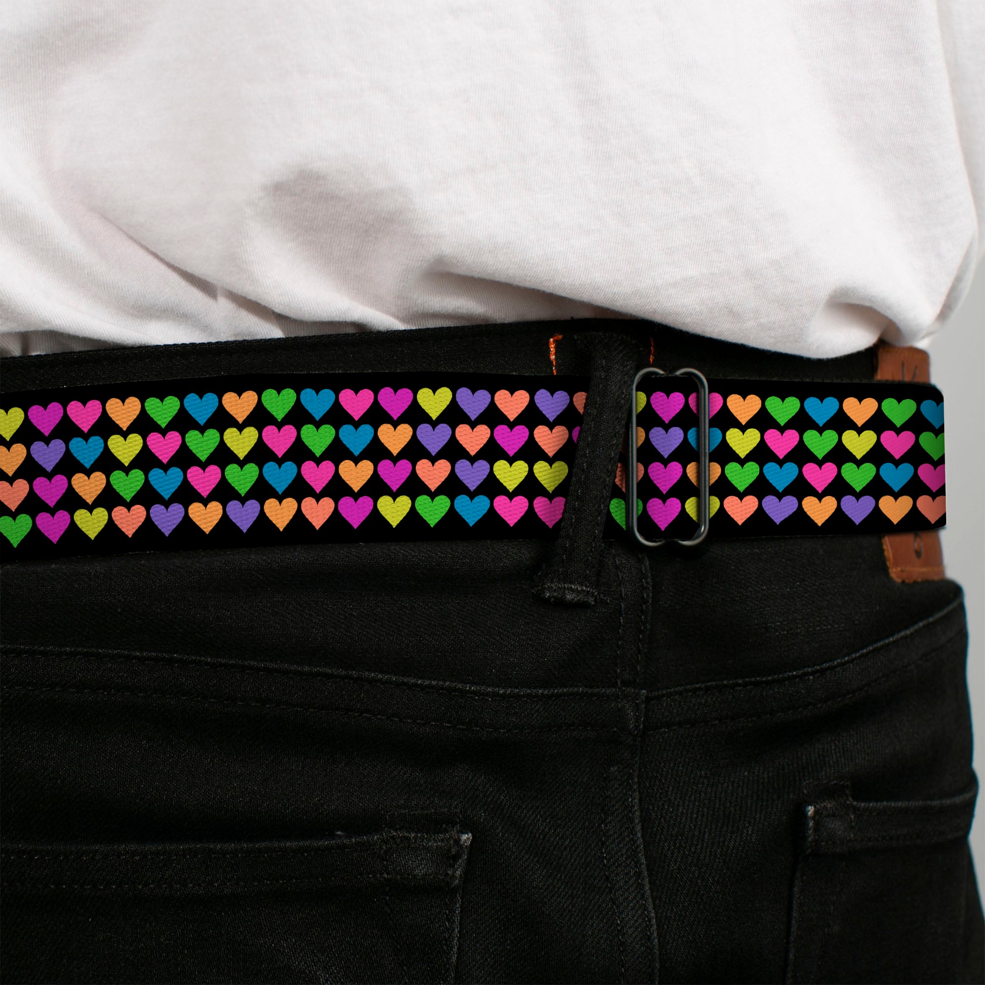 BD Wings Logo CLOSE-UP Full Color Black Silver Seatbelt Belt - Mini Hearts Black/Multi Neon Webbing Seatbelt Belts Buckle-Down