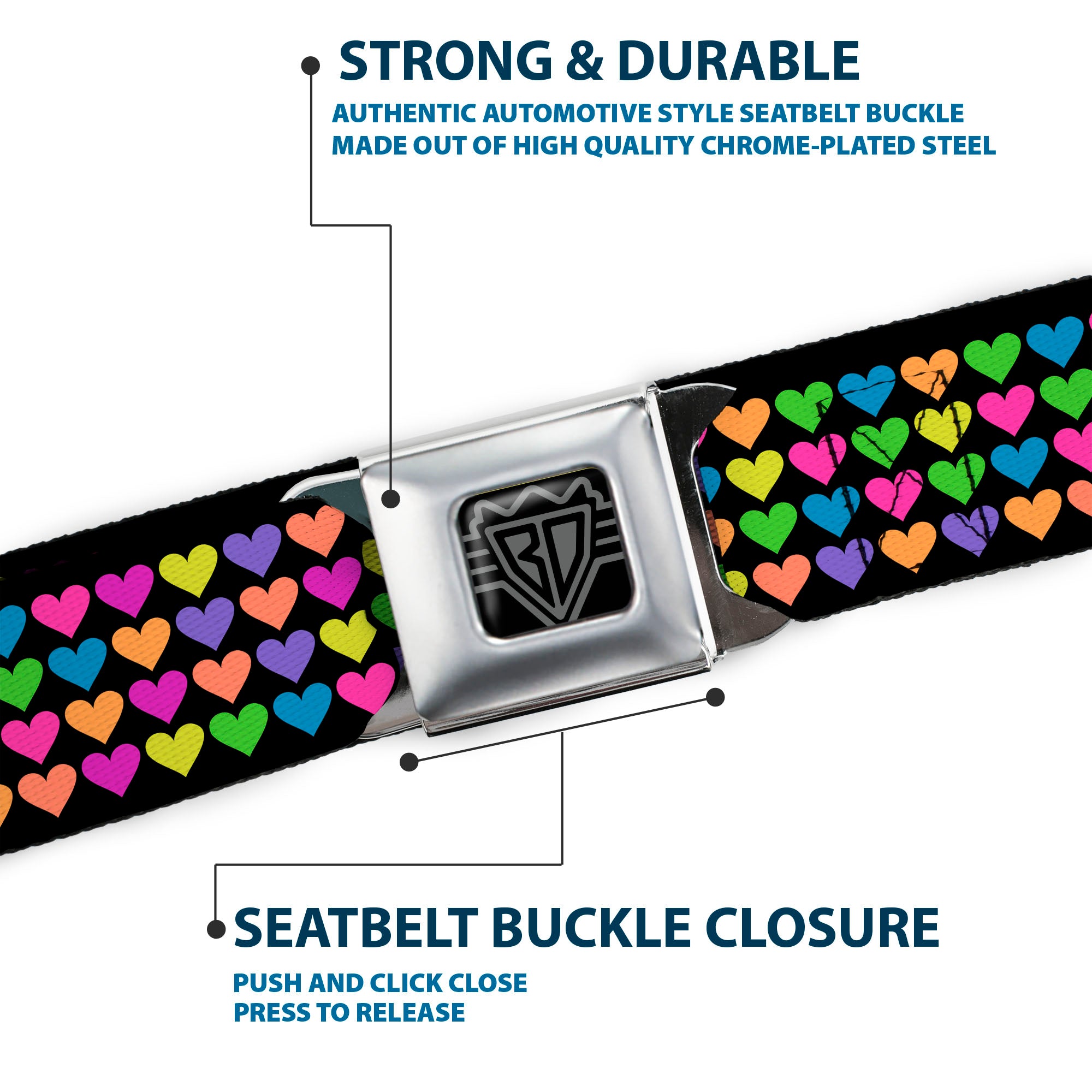 BD Wings Logo CLOSE-UP Full Color Black Silver Seatbelt Belt - Mini Hearts Black/Multi Neon Webbing Seatbelt Belts Buckle-Down