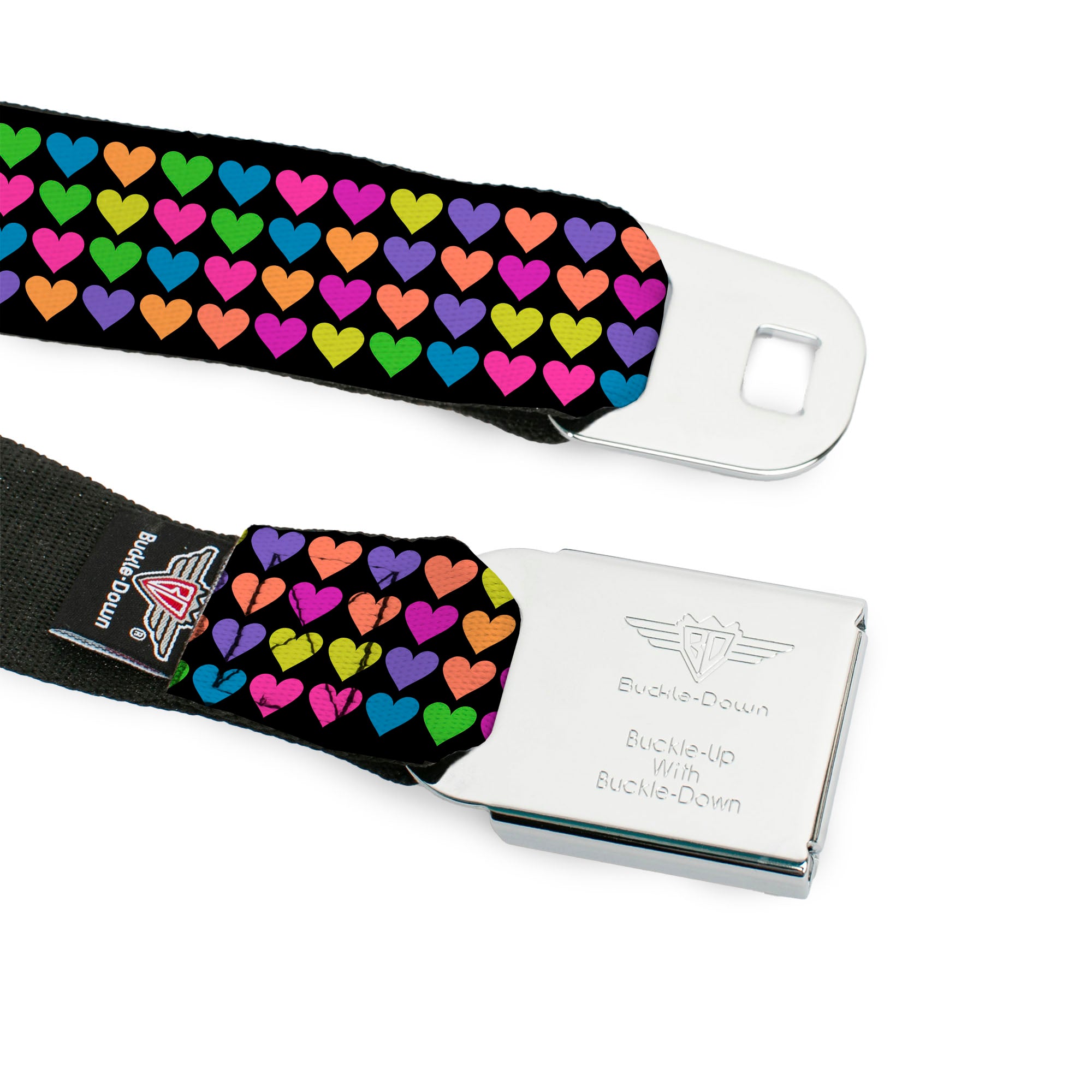 BD Wings Logo CLOSE-UP Full Color Black Silver Seatbelt Belt - Mini Hearts Black/Multi Neon Webbing Seatbelt Belts Buckle-Down
