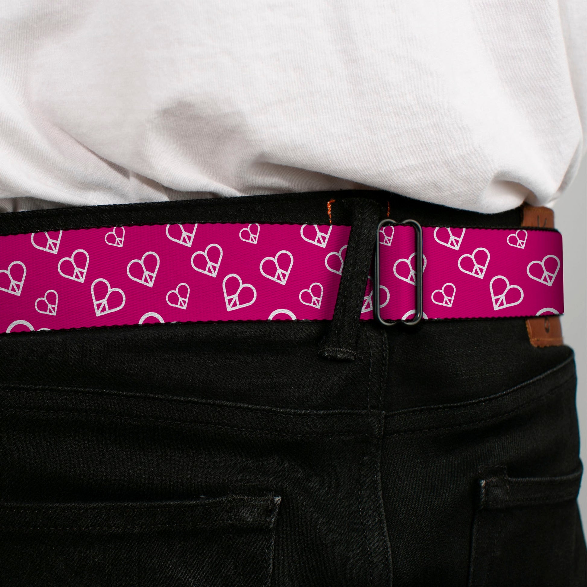 BD Wings Logo CLOSE-UP Full Color Black Silver Seatbelt Belt - Mini Peace Hearts Fuchsia/White Webbing Seatbelt Belts Buckle-Down