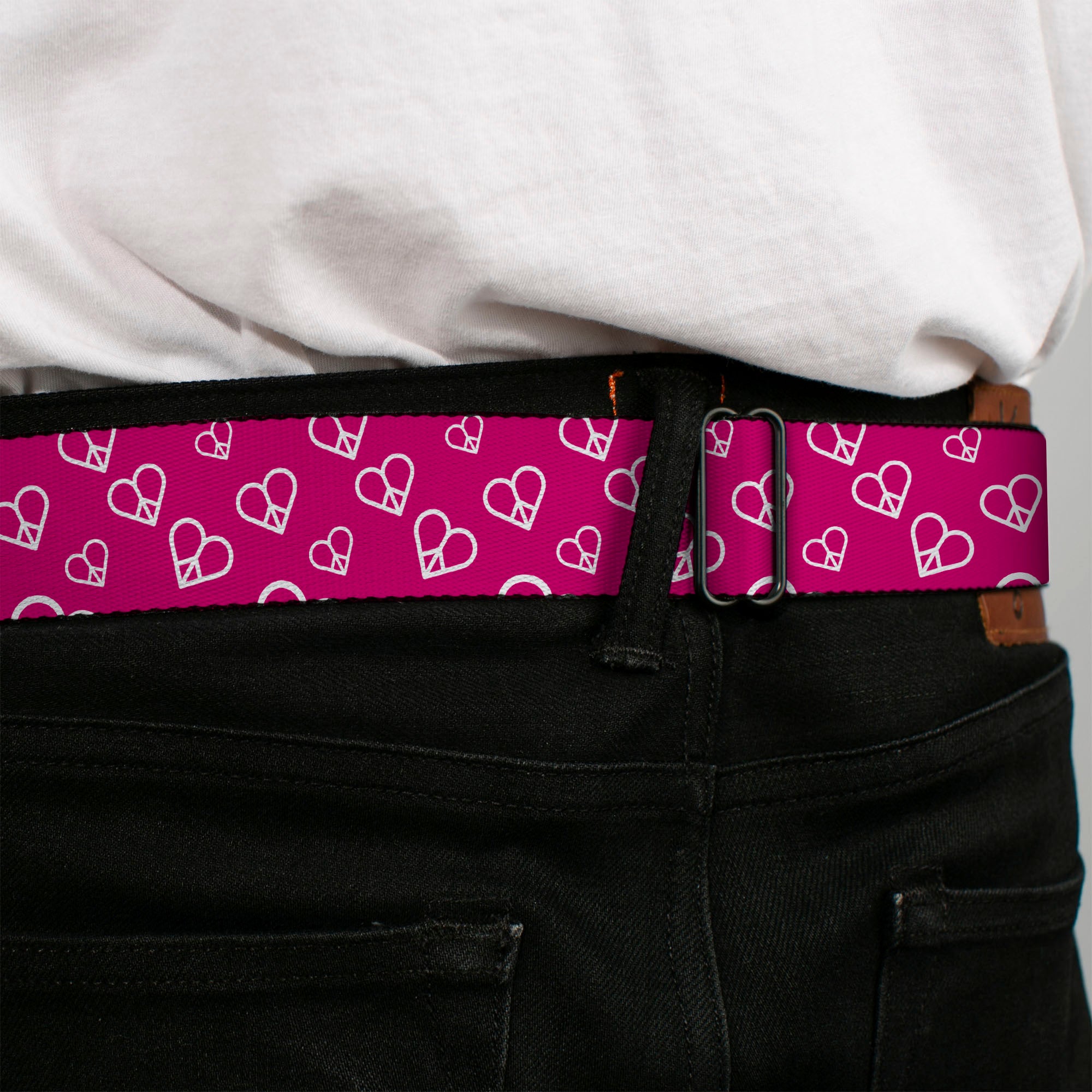 BD Wings Logo CLOSE-UP Full Color Black Silver Seatbelt Belt - Mini Peace Hearts Fuchsia/White Webbing Seatbelt Belts Buckle-Down