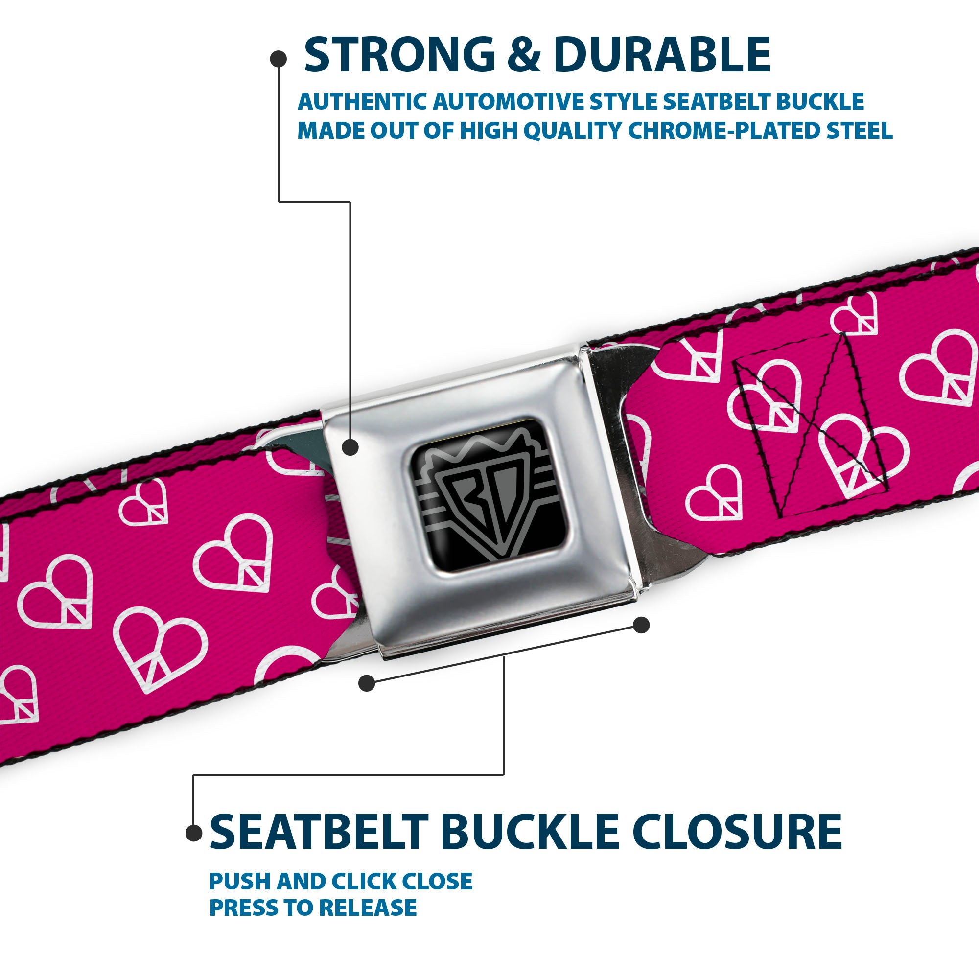 BD Wings Logo CLOSE-UP Full Color Black Silver Seatbelt Belt - Mini Peace Hearts Fuchsia/White Webbing Seatbelt Belts Buckle-Down