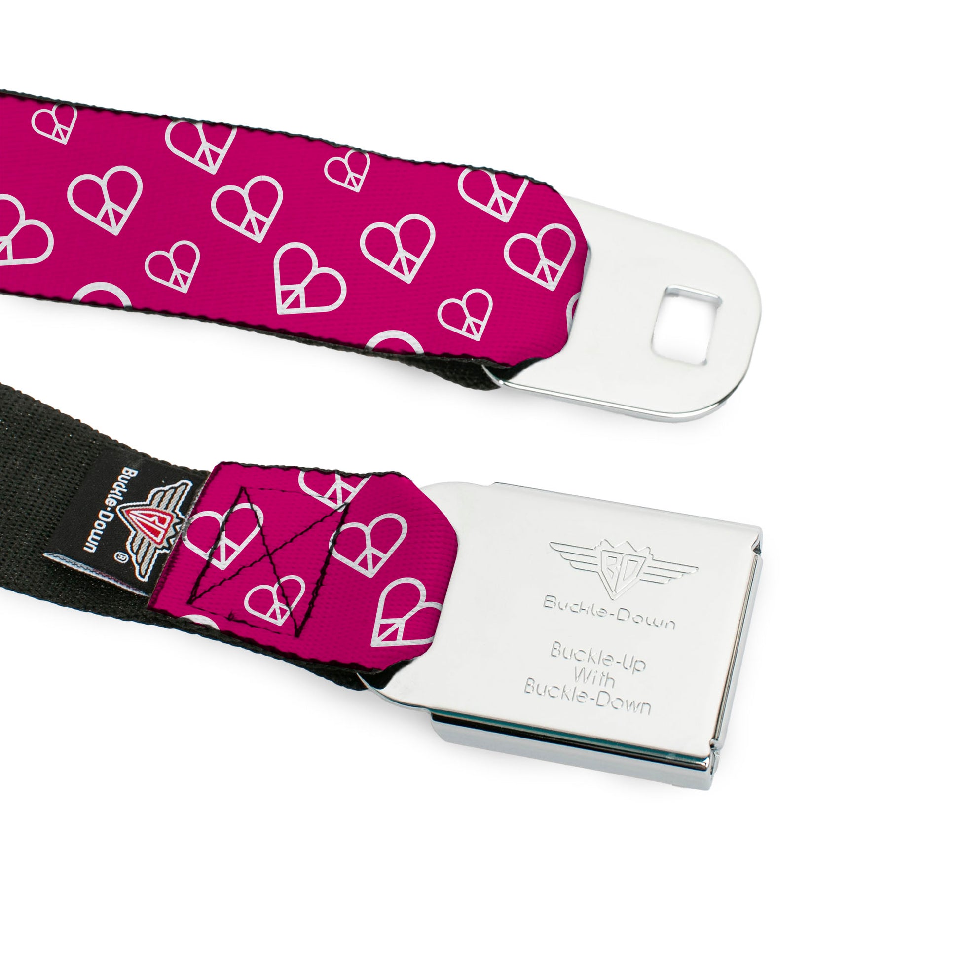 BD Wings Logo CLOSE-UP Full Color Black Silver Seatbelt Belt - Mini Peace Hearts Fuchsia/White Webbing Seatbelt Belts Buckle-Down