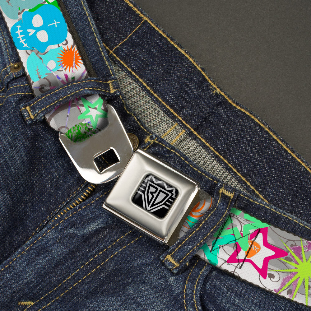 BD Wings Logo CLOSE-UP Full Color Black Silver Seatbelt Belt - Music Skulls Multi Color Webbing Seatbelt Belts Buckle-Down