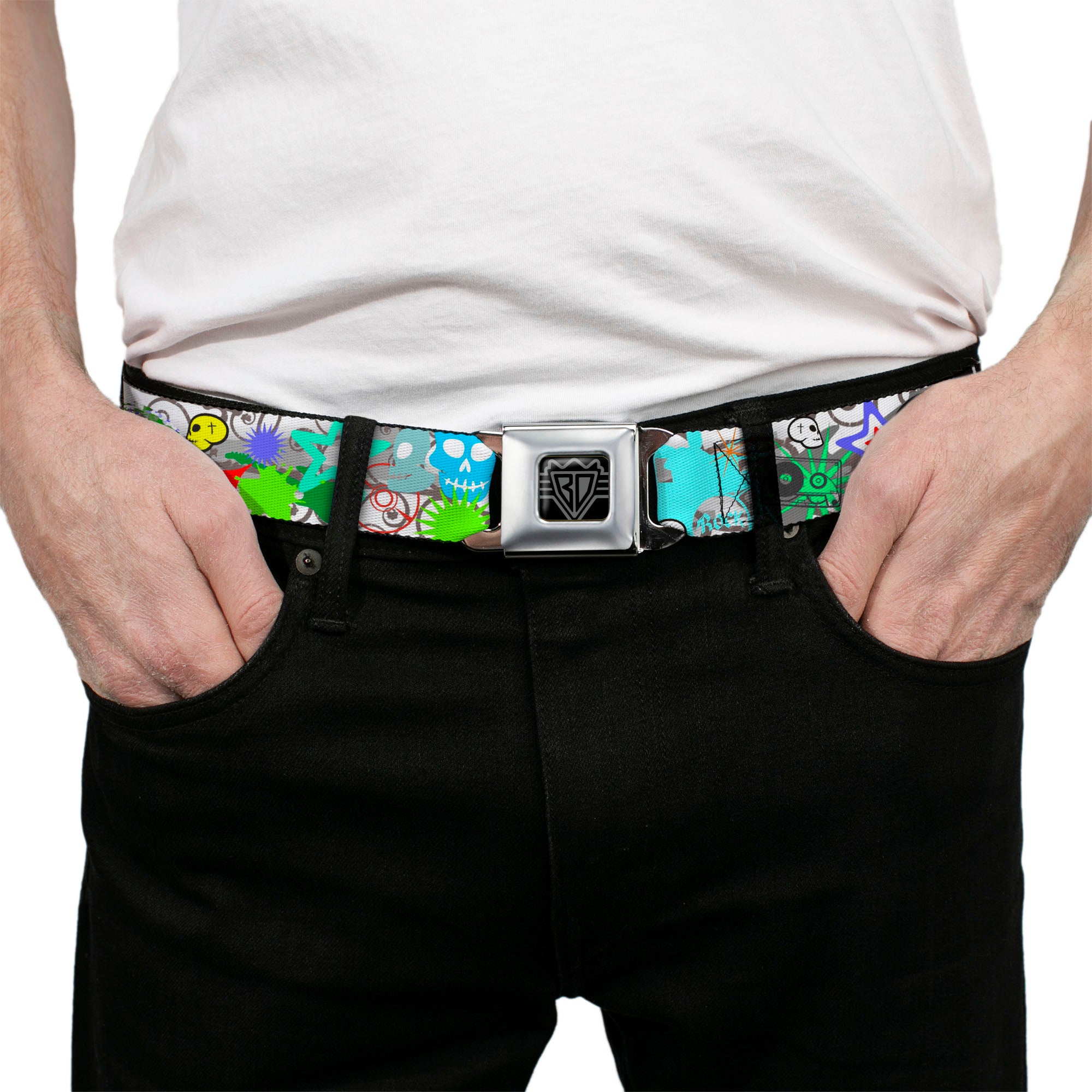 BD Wings Logo CLOSE-UP Full Color Black Silver Seatbelt Belt - Music Skulls Multi Color Webbing Seatbelt Belts Buckle-Down
