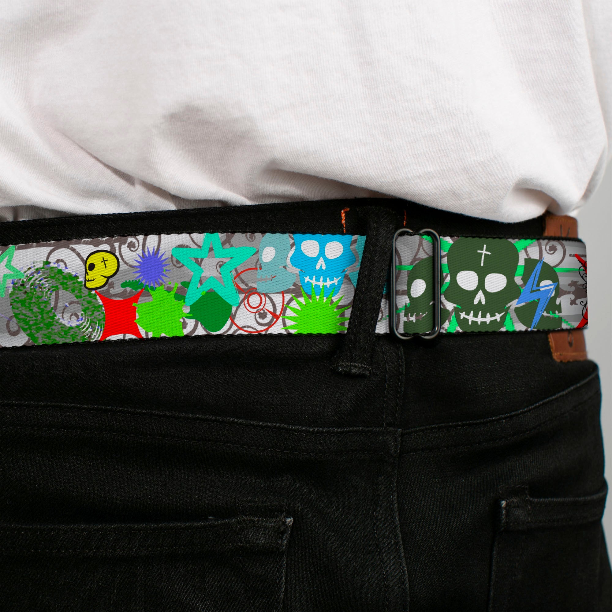 BD Wings Logo CLOSE-UP Full Color Black Silver Seatbelt Belt - Music Skulls Multi Color Webbing Seatbelt Belts Buckle-Down