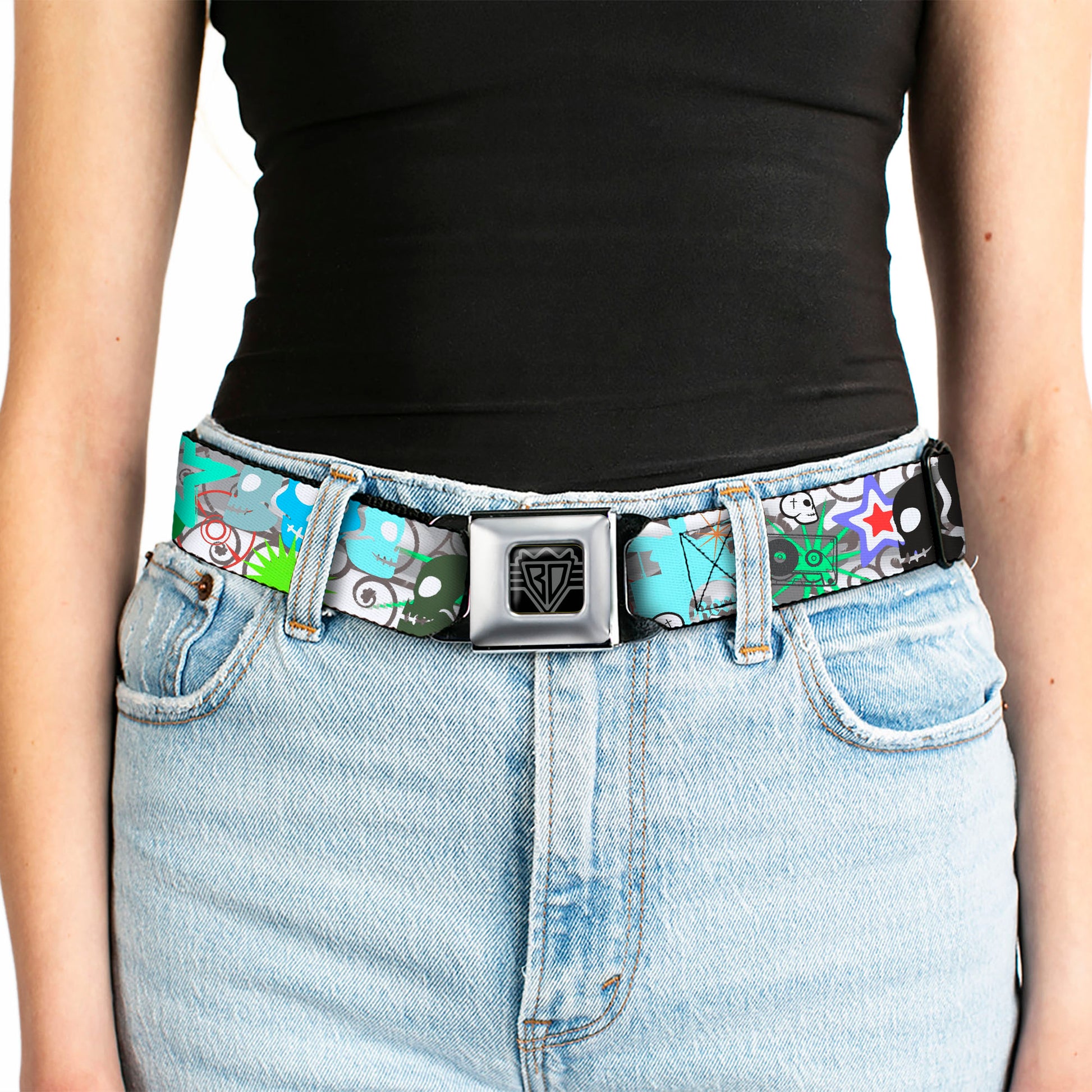 BD Wings Logo CLOSE-UP Full Color Black Silver Seatbelt Belt - Music Skulls Multi Color Webbing Seatbelt Belts Buckle-Down