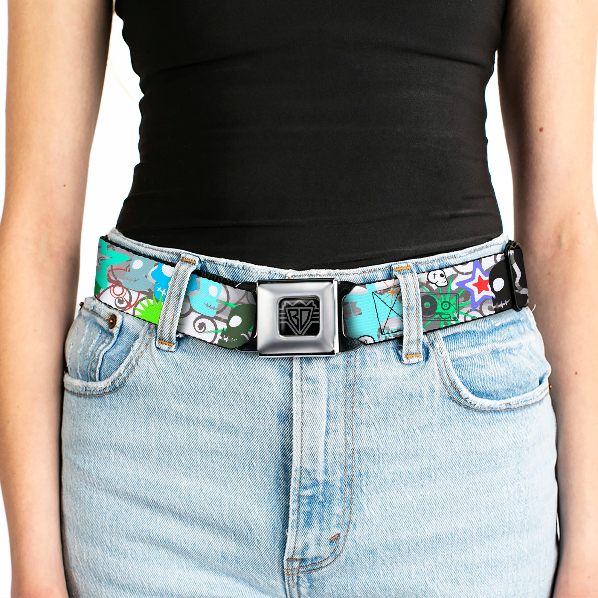 BD Wings Logo CLOSE-UP Full Color Black Silver Seatbelt Belt - Music Skulls Multi Color Webbing Seatbelt Belts Buckle-Down