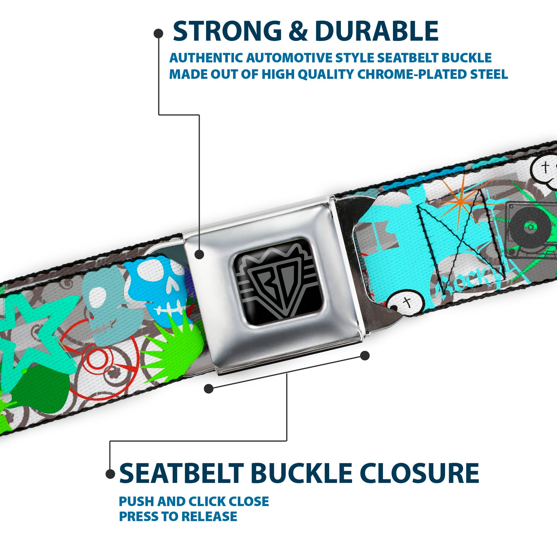 BD Wings Logo CLOSE-UP Full Color Black Silver Seatbelt Belt - Music Skulls Multi Color Webbing Seatbelt Belts Buckle-Down