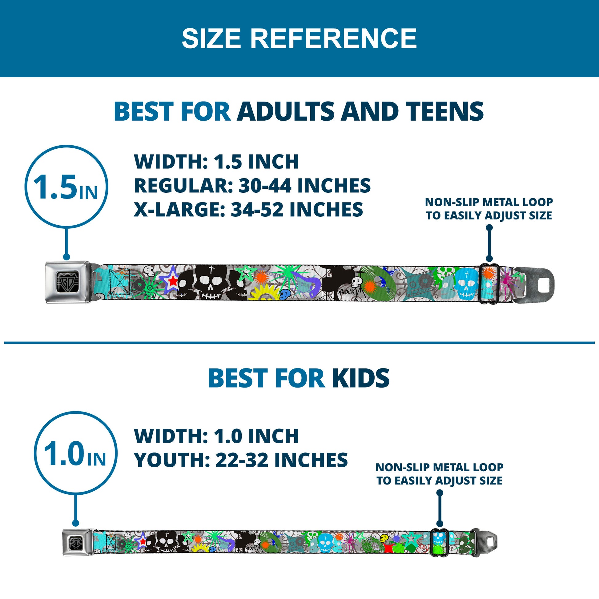 BD Wings Logo CLOSE-UP Full Color Black Silver Seatbelt Belt - Music Skulls Multi Color Webbing Seatbelt Belts Buckle-Down