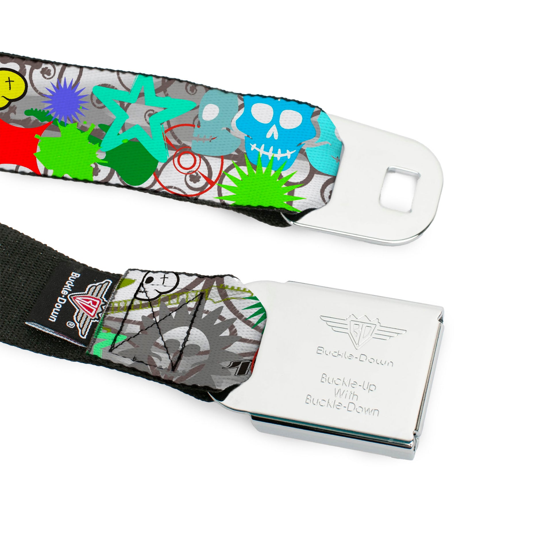 BD Wings Logo CLOSE-UP Full Color Black Silver Seatbelt Belt - Music Skulls Multi Color Webbing Seatbelt Belts Buckle-Down