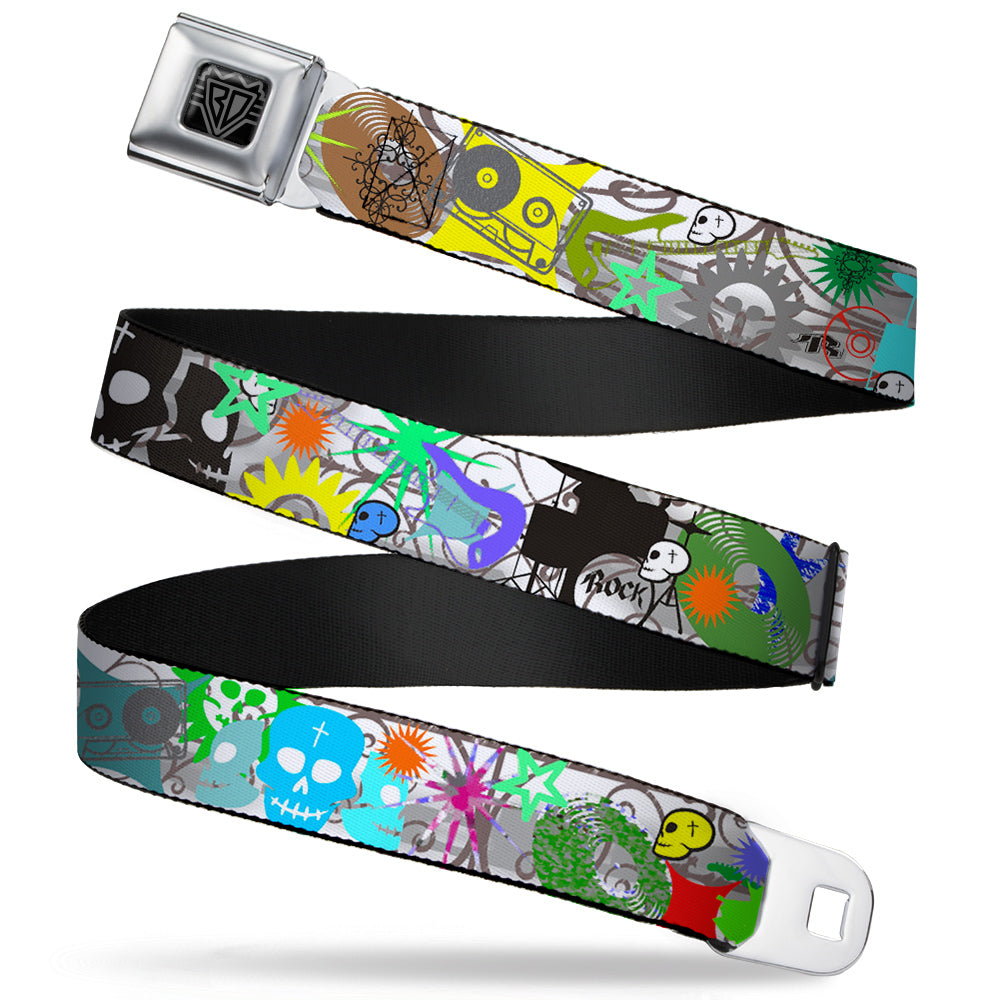 BD Wings Logo CLOSE-UP Full Color Black Silver Seatbelt Belt - Music Skulls Multi Color Webbing Seatbelt Belts Buckle-Down