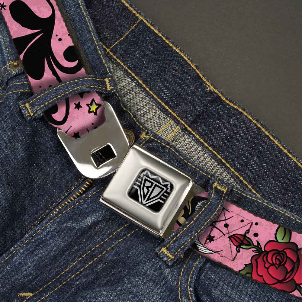 BD Wings Logo CLOSE-UP Full Color Black Silver Seatbelt Belt - Mom & Dad CLOSE-UP Pink w/Sparrows Webbing Seatbelt Belts Buckle-Down