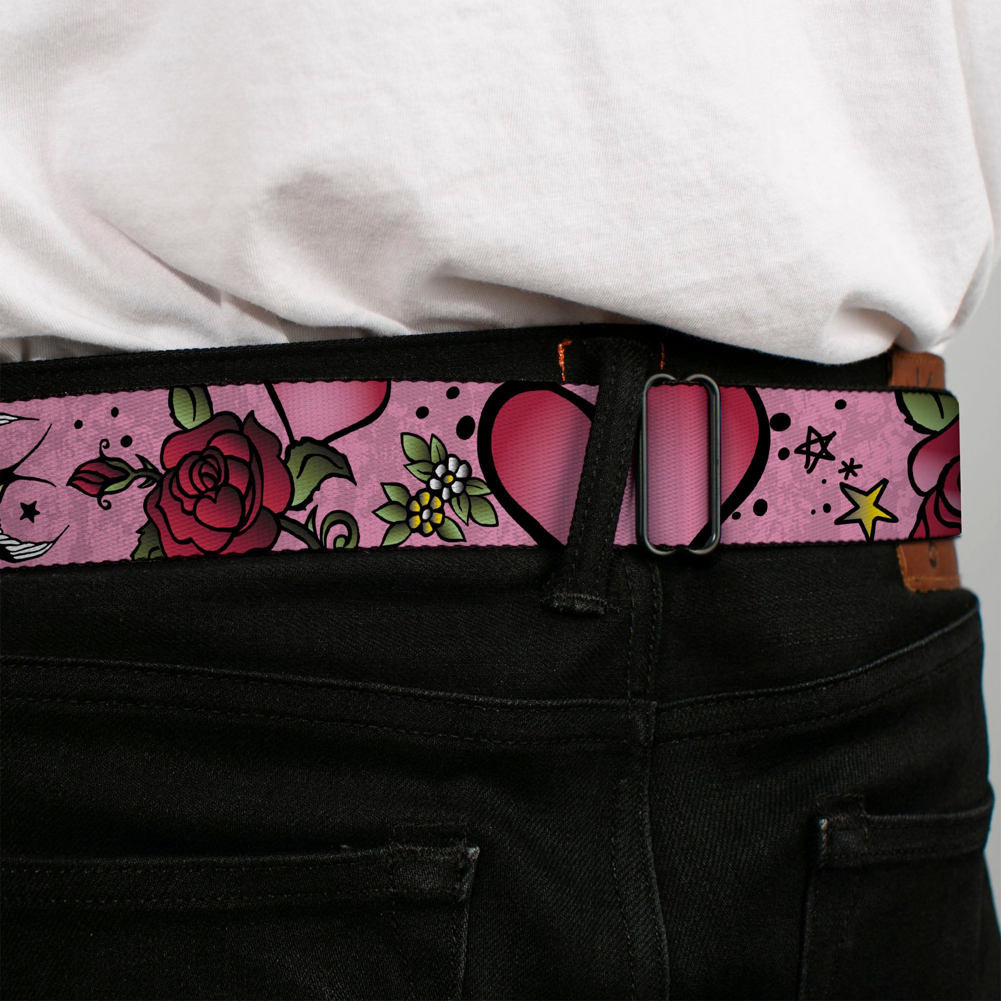 BD Wings Logo CLOSE-UP Full Color Black Silver Seatbelt Belt - Mom & Dad CLOSE-UP Pink w/Sparrows Webbing Seatbelt Belts Buckle-Down