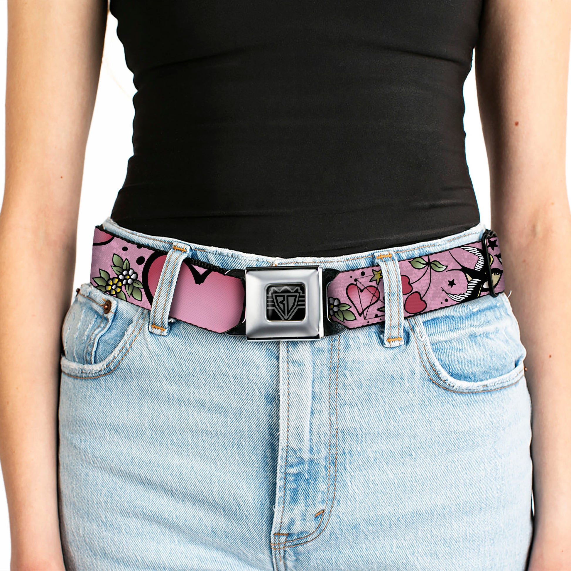 BD Wings Logo CLOSE-UP Full Color Black Silver Seatbelt Belt - Mom & Dad CLOSE-UP Pink w/Sparrows Webbing Seatbelt Belts Buckle-Down