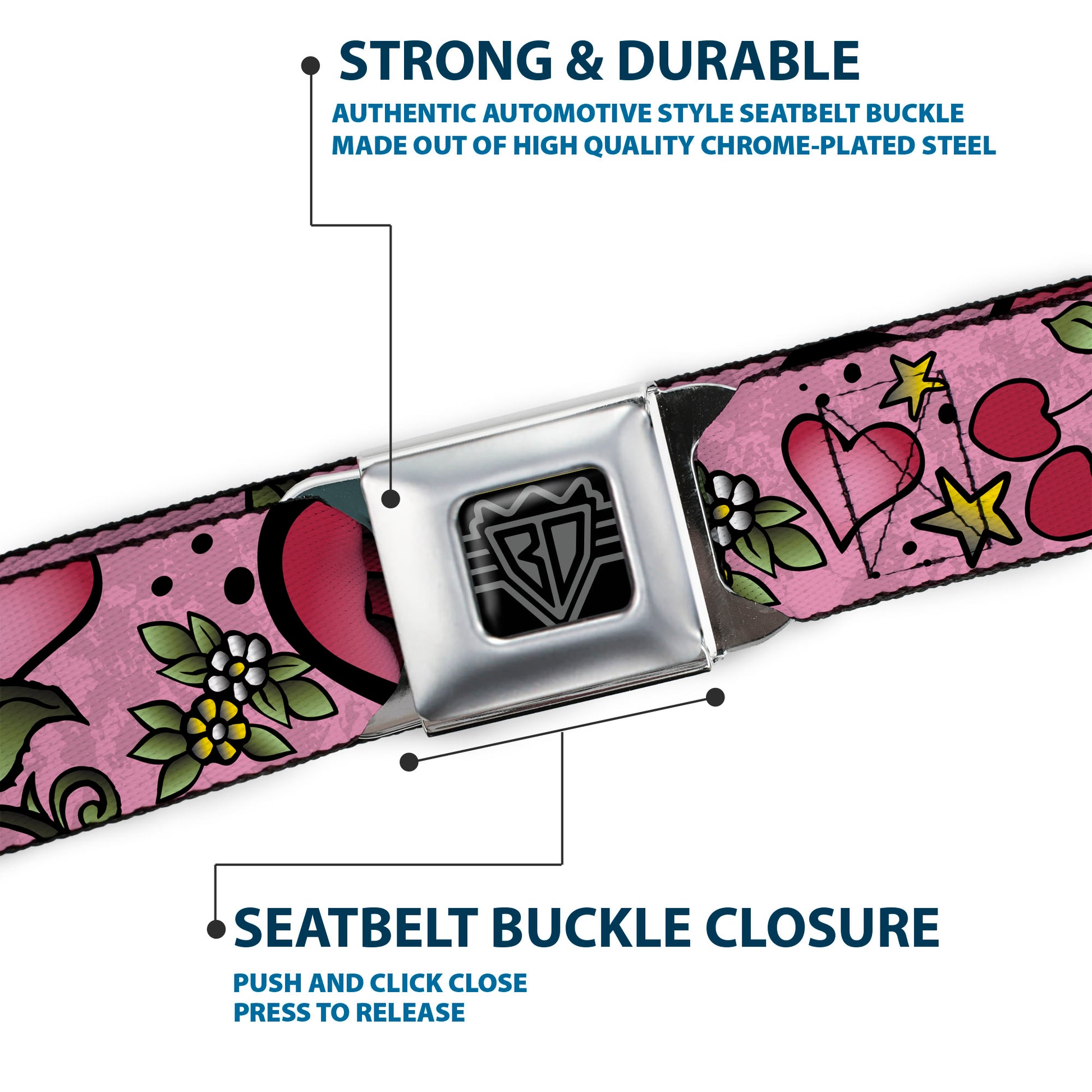 BD Wings Logo CLOSE-UP Full Color Black Silver Seatbelt Belt - Mom & Dad CLOSE-UP Pink w/Sparrows Webbing Seatbelt Belts Buckle-Down