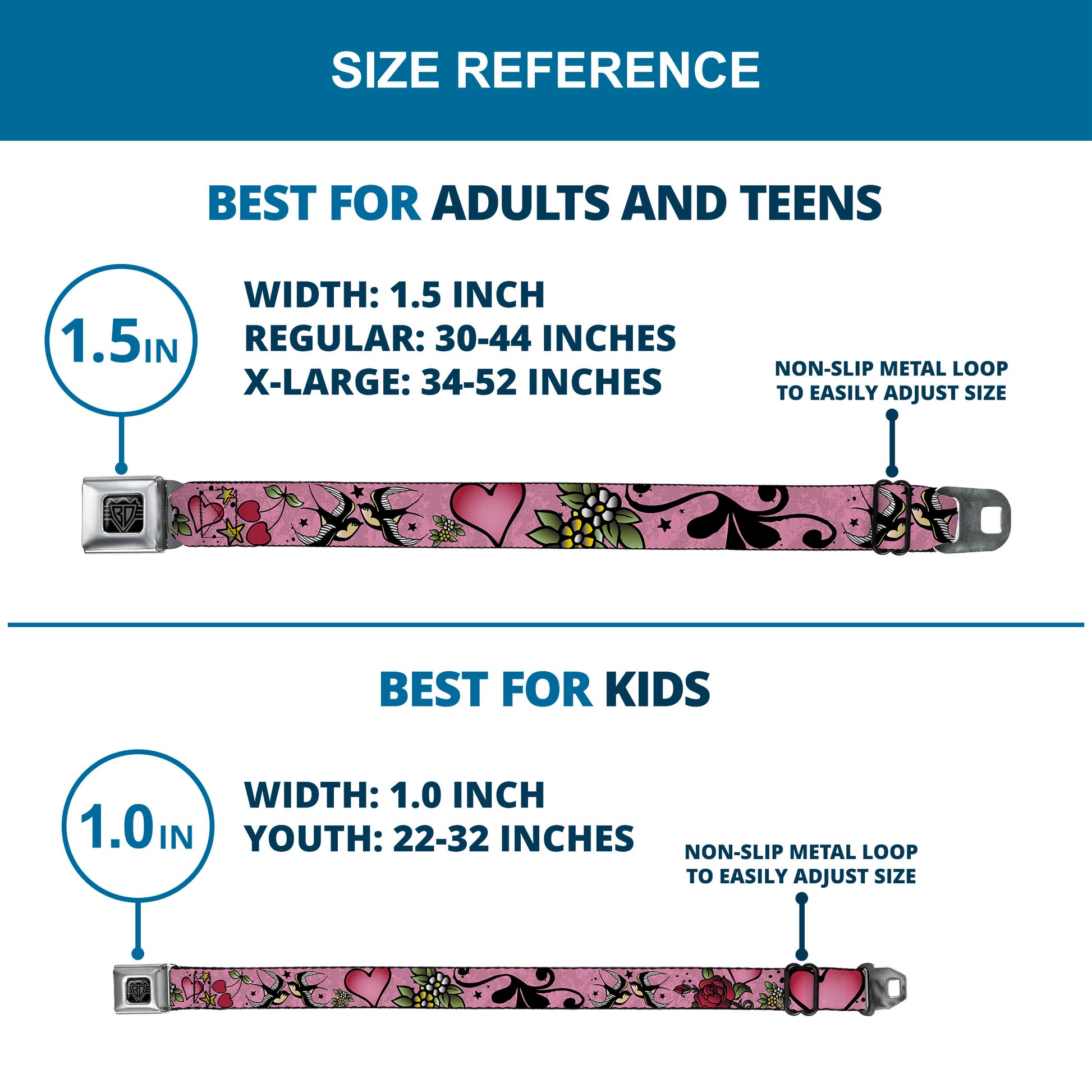 BD Wings Logo CLOSE-UP Full Color Black Silver Seatbelt Belt - Mom & Dad CLOSE-UP Pink w/Sparrows Webbing Seatbelt Belts Buckle-Down