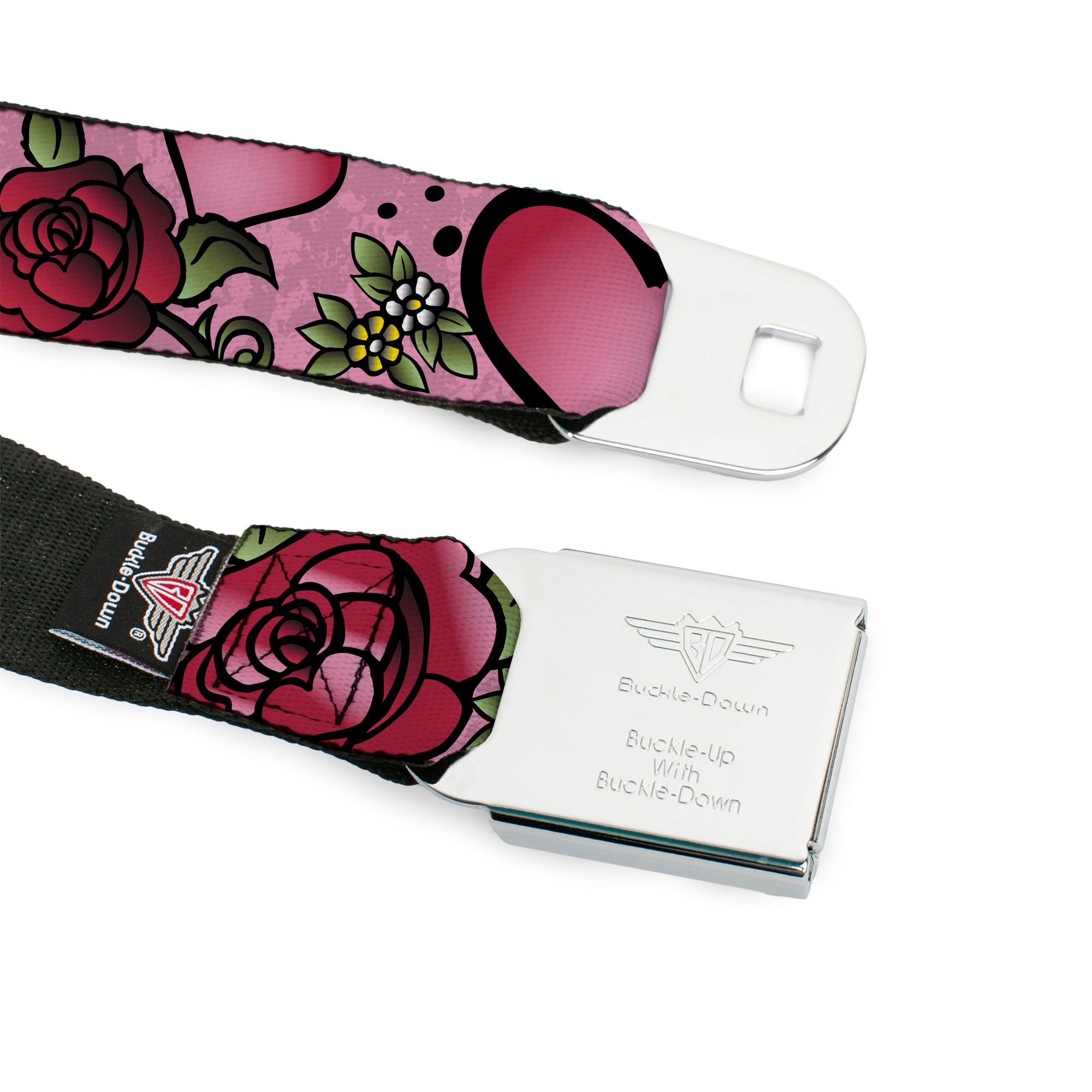 BD Wings Logo CLOSE-UP Full Color Black Silver Seatbelt Belt - Mom & Dad CLOSE-UP Pink w/Sparrows Webbing Seatbelt Belts Buckle-Down