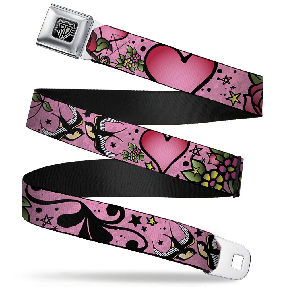 BD Wings Logo CLOSE-UP Full Color Black Silver Seatbelt Belt - Mom & Dad CLOSE-UP Pink w/Sparrows Webbing Seatbelt Belts Buckle-Down
