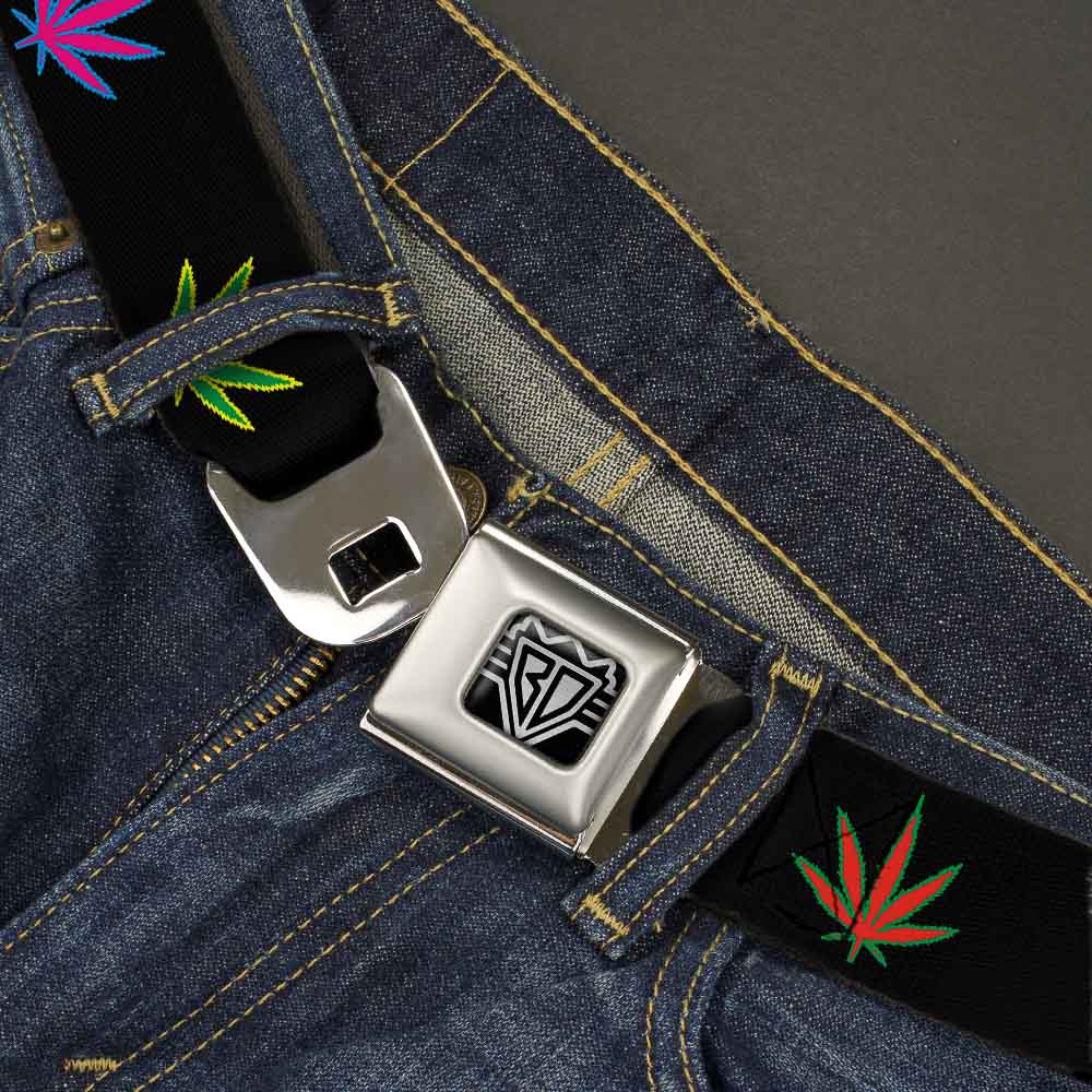 Seatbelt Belt - Marijuana Leaf Repeat Black/Multi Color Seatbelt Belts Buckle-Down