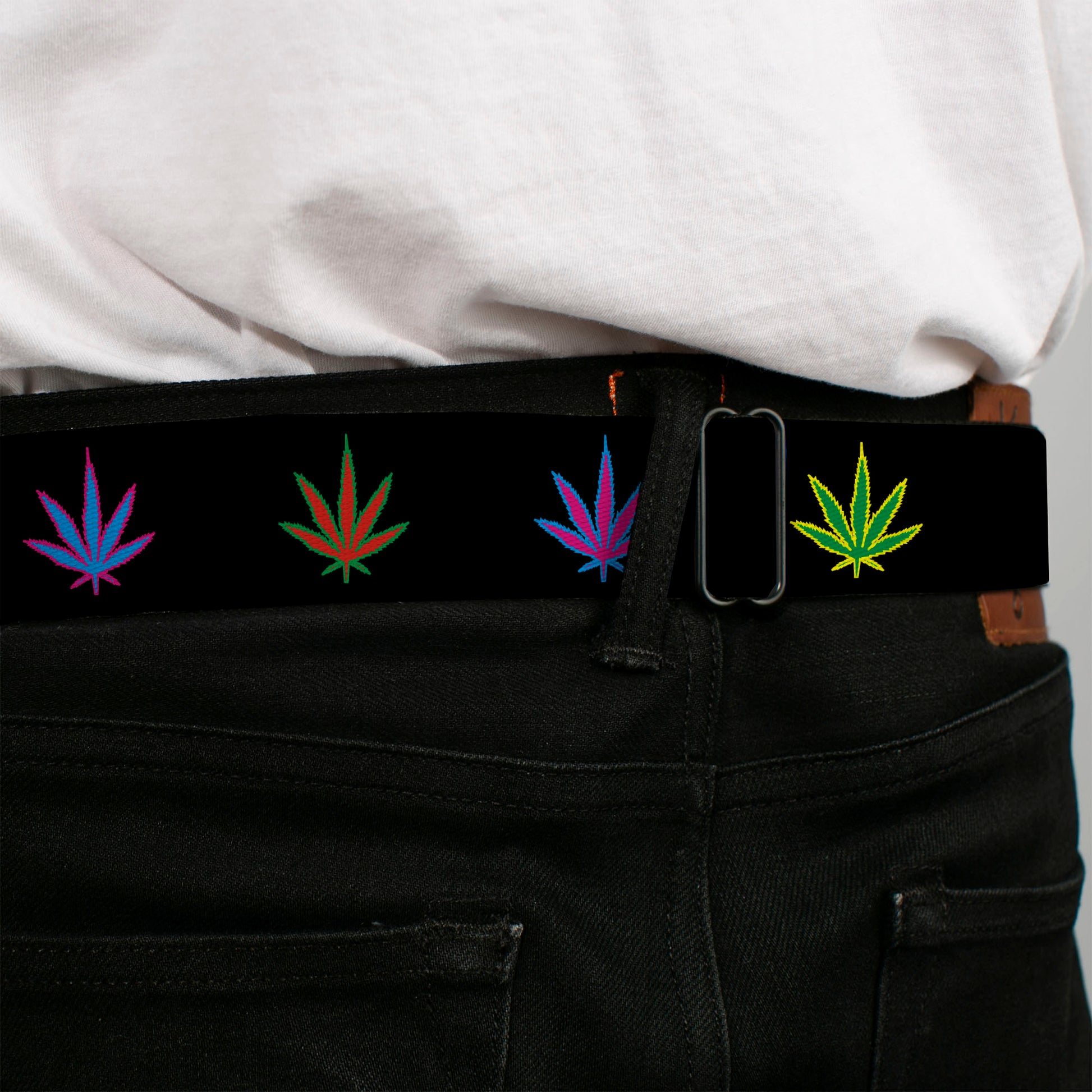 Seatbelt Belt - Marijuana Leaf Repeat Black/Multi Color Seatbelt Belts Buckle-Down