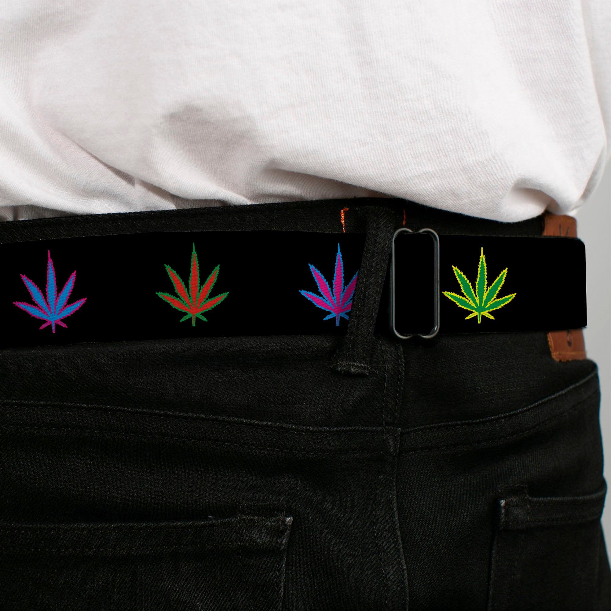 Seatbelt Belt - Marijuana Leaf Repeat Black/Multi Color Seatbelt Belts Buckle-Down