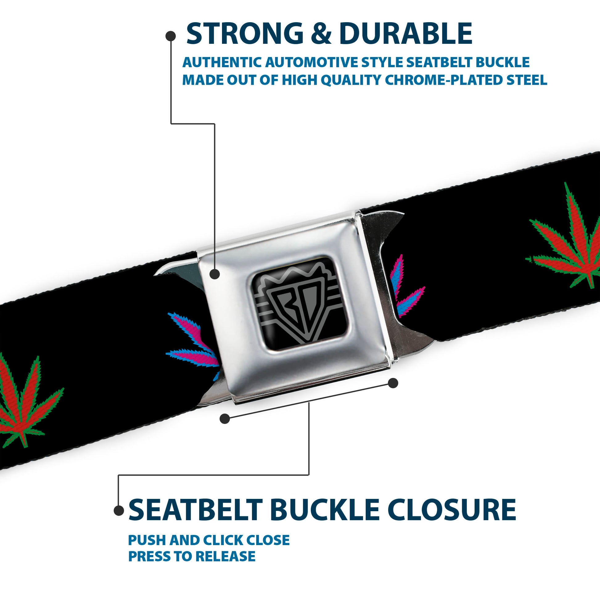 Seatbelt Belt - Marijuana Leaf Repeat Black/Multi Color Seatbelt Belts Buckle-Down