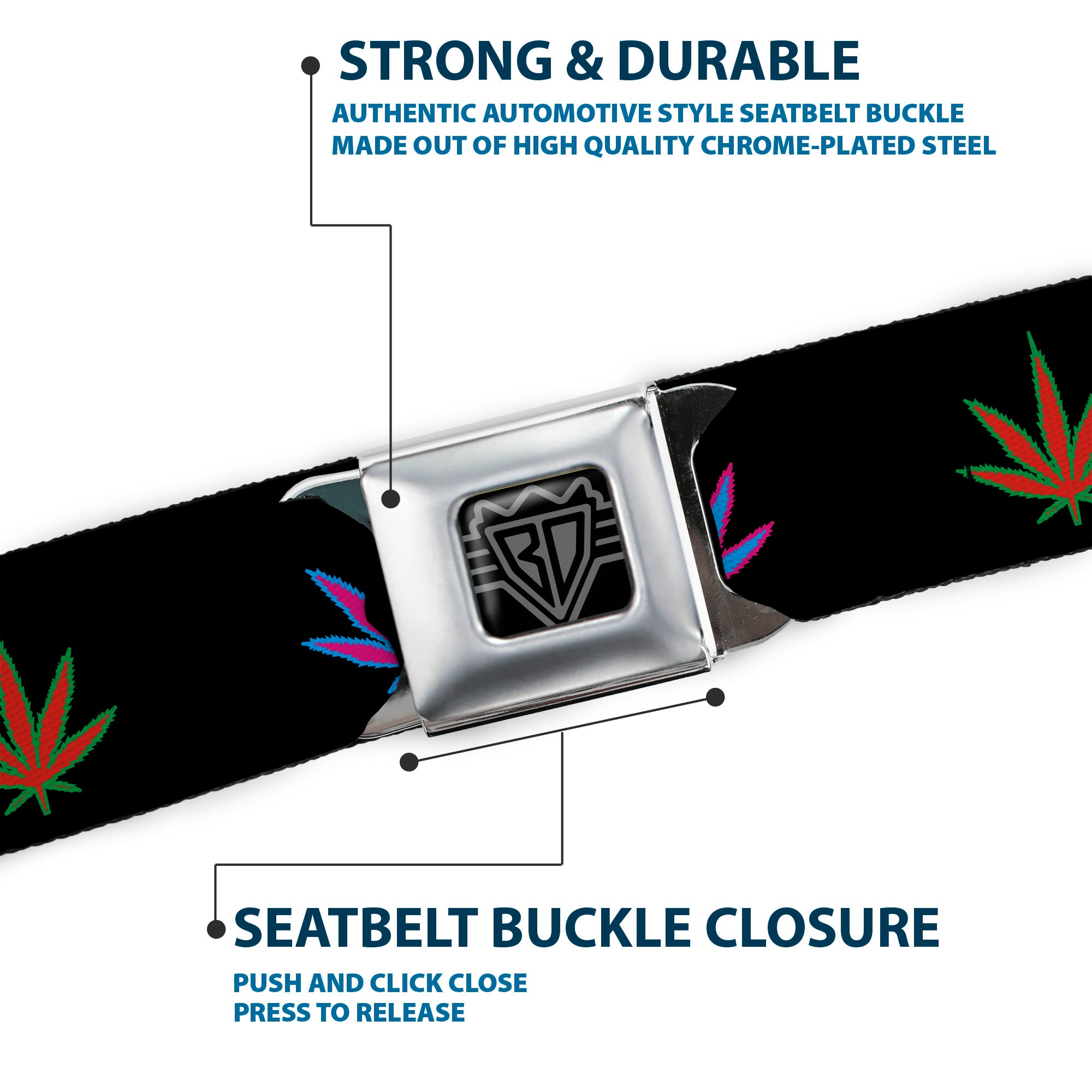 Seatbelt Belt - Marijuana Leaf Repeat Black/Multi Color Seatbelt Belts Buckle-Down