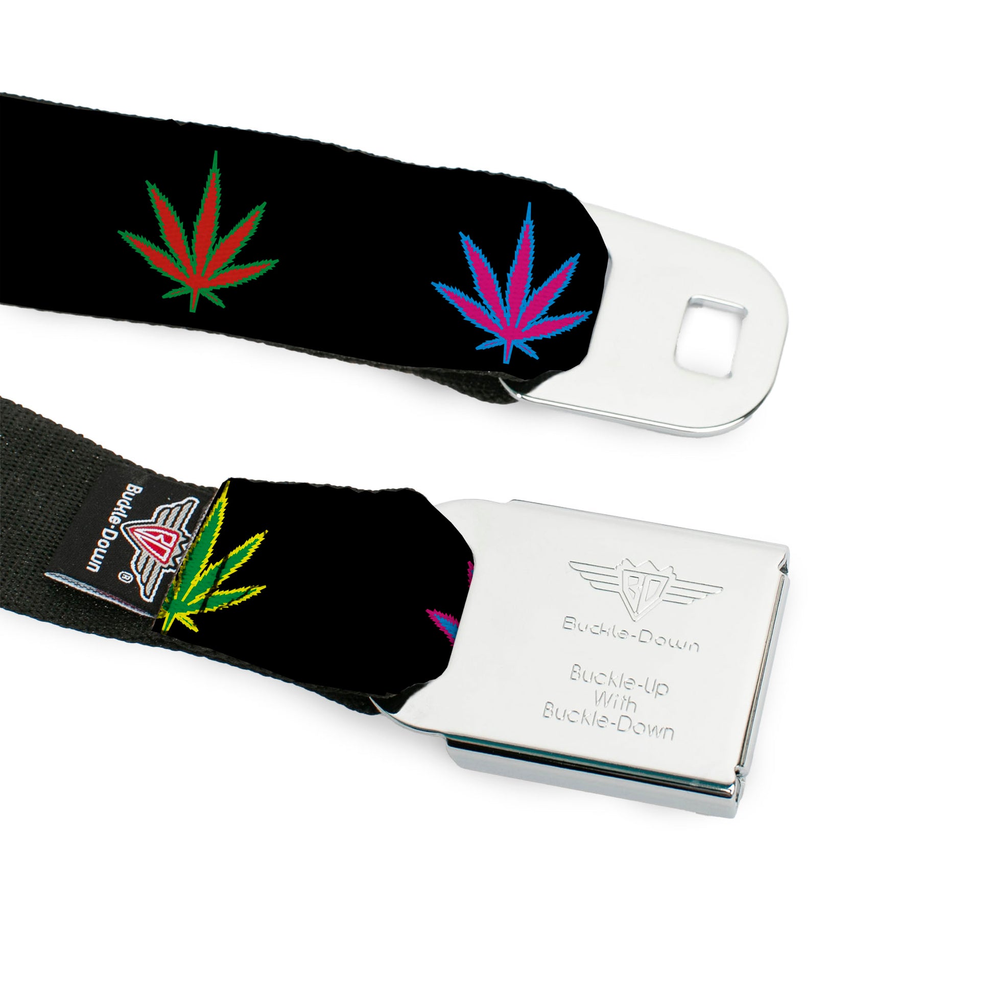 Seatbelt Belt - Marijuana Leaf Repeat Black/Multi Color Seatbelt Belts Buckle-Down