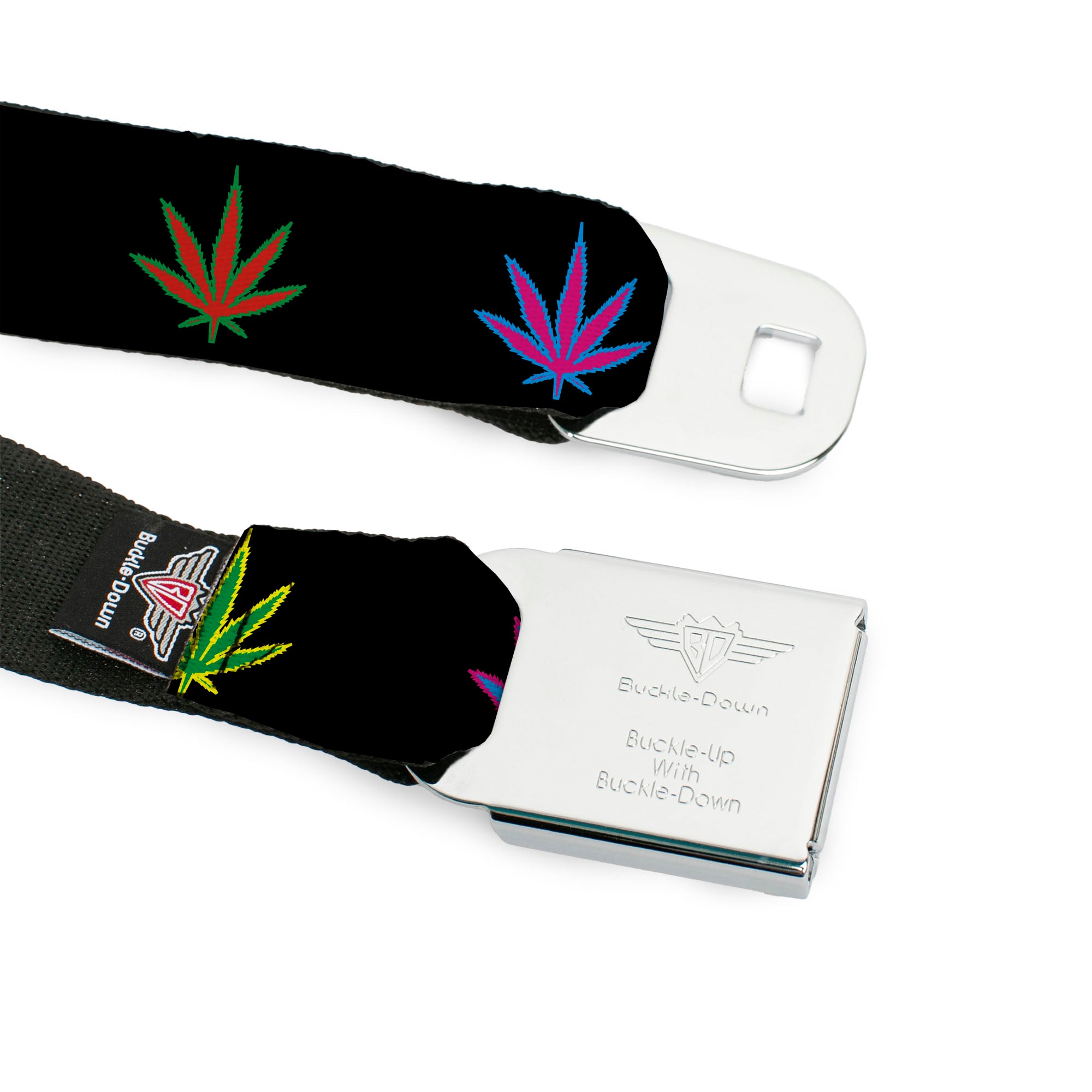 Seatbelt Belt - Marijuana Leaf Repeat Black/Multi Color Seatbelt Belts Buckle-Down