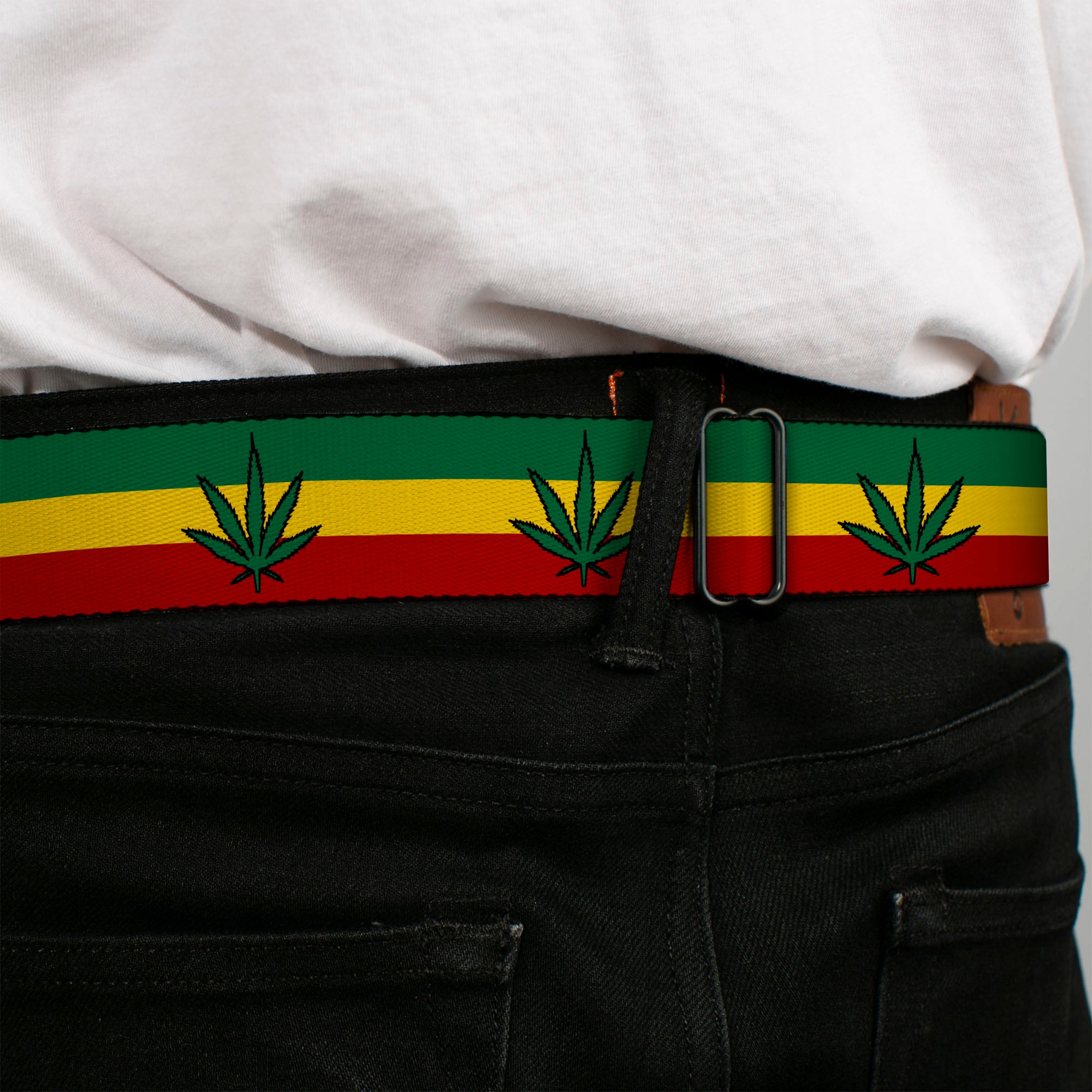 Seatbelt Belt - Marijuana Leaf Repeat Rasta Seatbelt Belts Buckle-Down