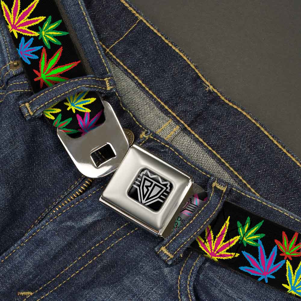 Seatbelt Belt - Multi Marijuana Leaves Black/Multi Color Seatbelt Belts Buckle-Down