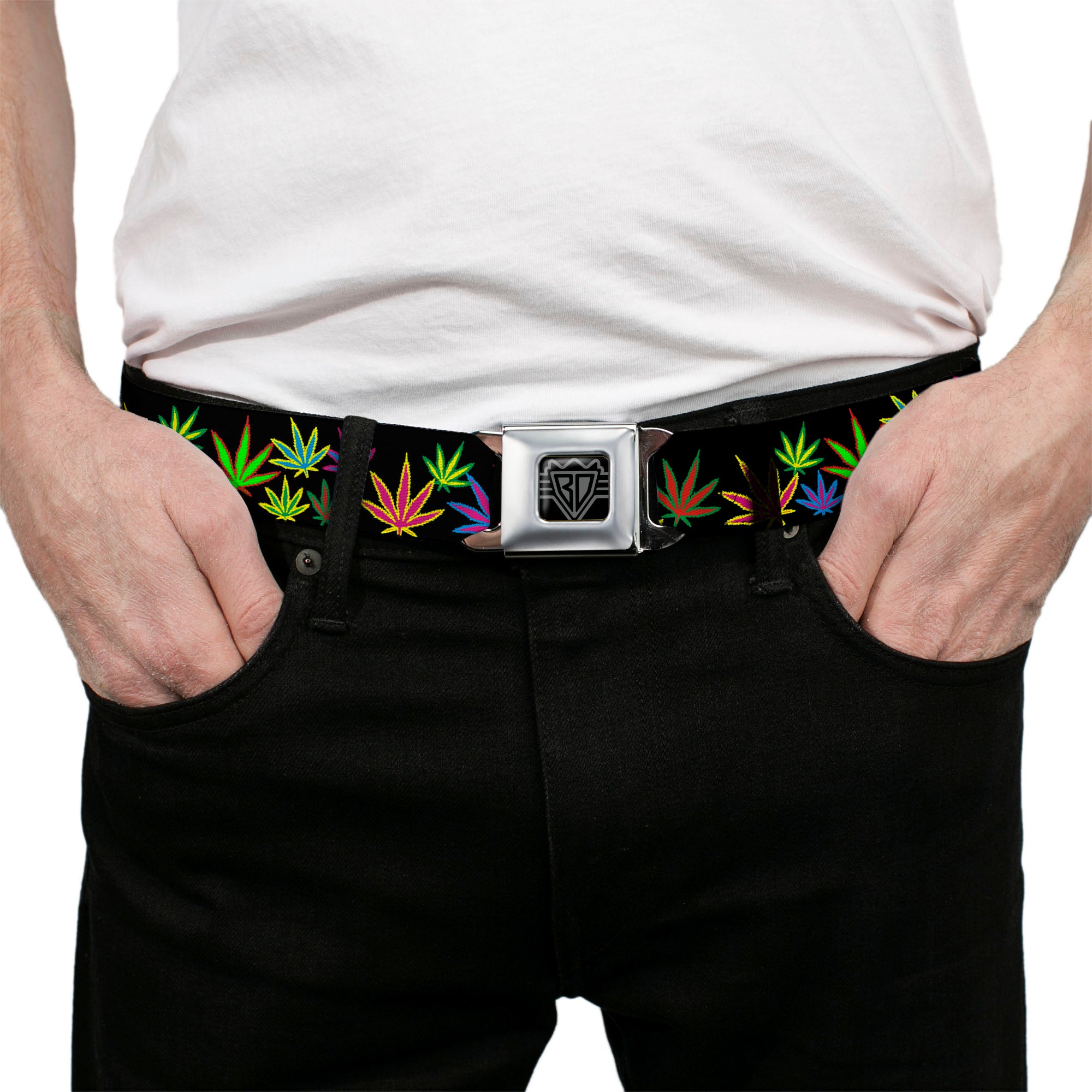 Seatbelt Belt - Multi Marijuana Leaves Black/Multi Color Seatbelt Belts Buckle-Down