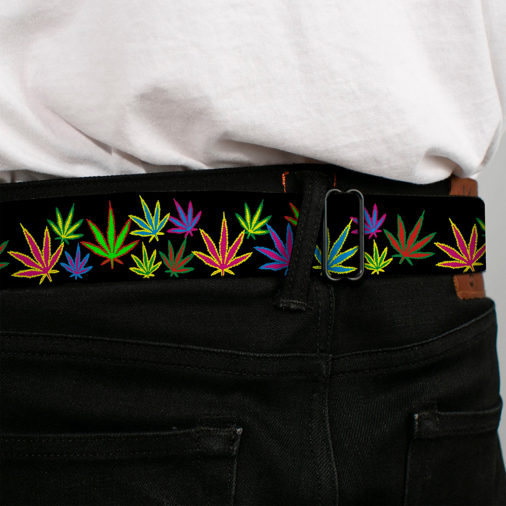 Seatbelt Belt - Multi Marijuana Leaves Black/Multi Color Seatbelt Belts Buckle-Down
