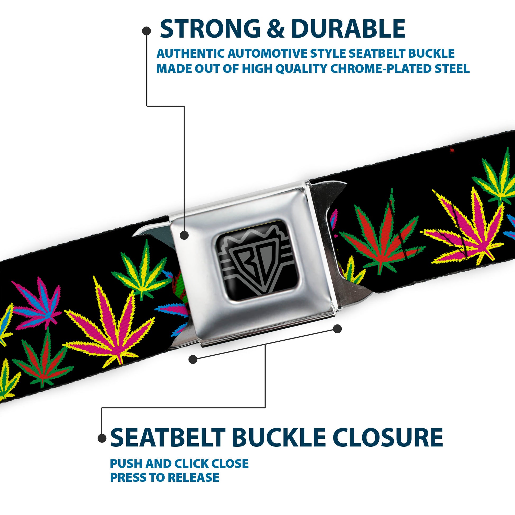 Seatbelt Belt - Multi Marijuana Leaves Black/Multi Color Seatbelt Belts Buckle-Down
