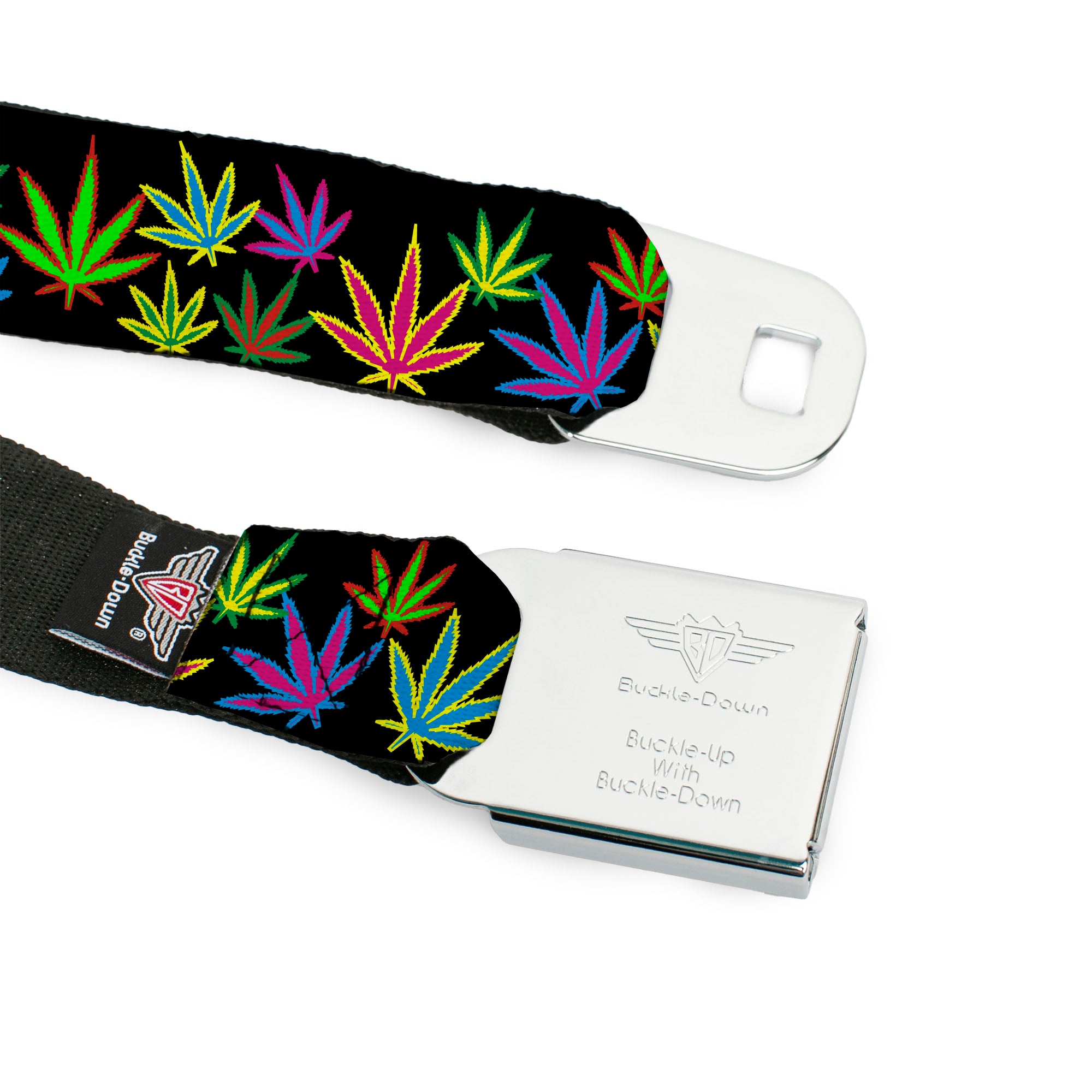 Seatbelt Belt - Multi Marijuana Leaves Black/Multi Color Seatbelt Belts Buckle-Down