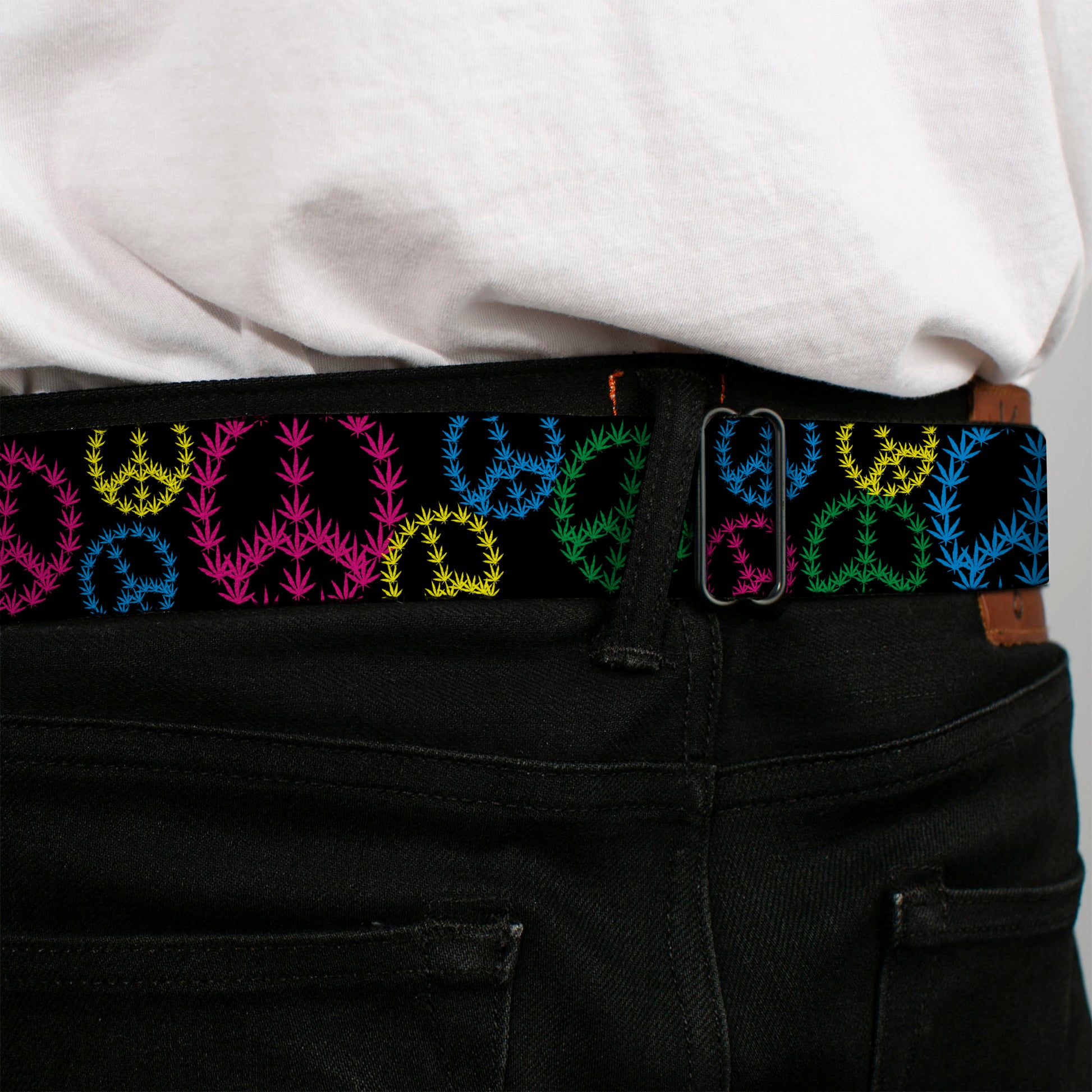 Seatbelt Belt - Multi Marijuana Peace Black/Multi Color Seatbelt Belts Buckle-Down