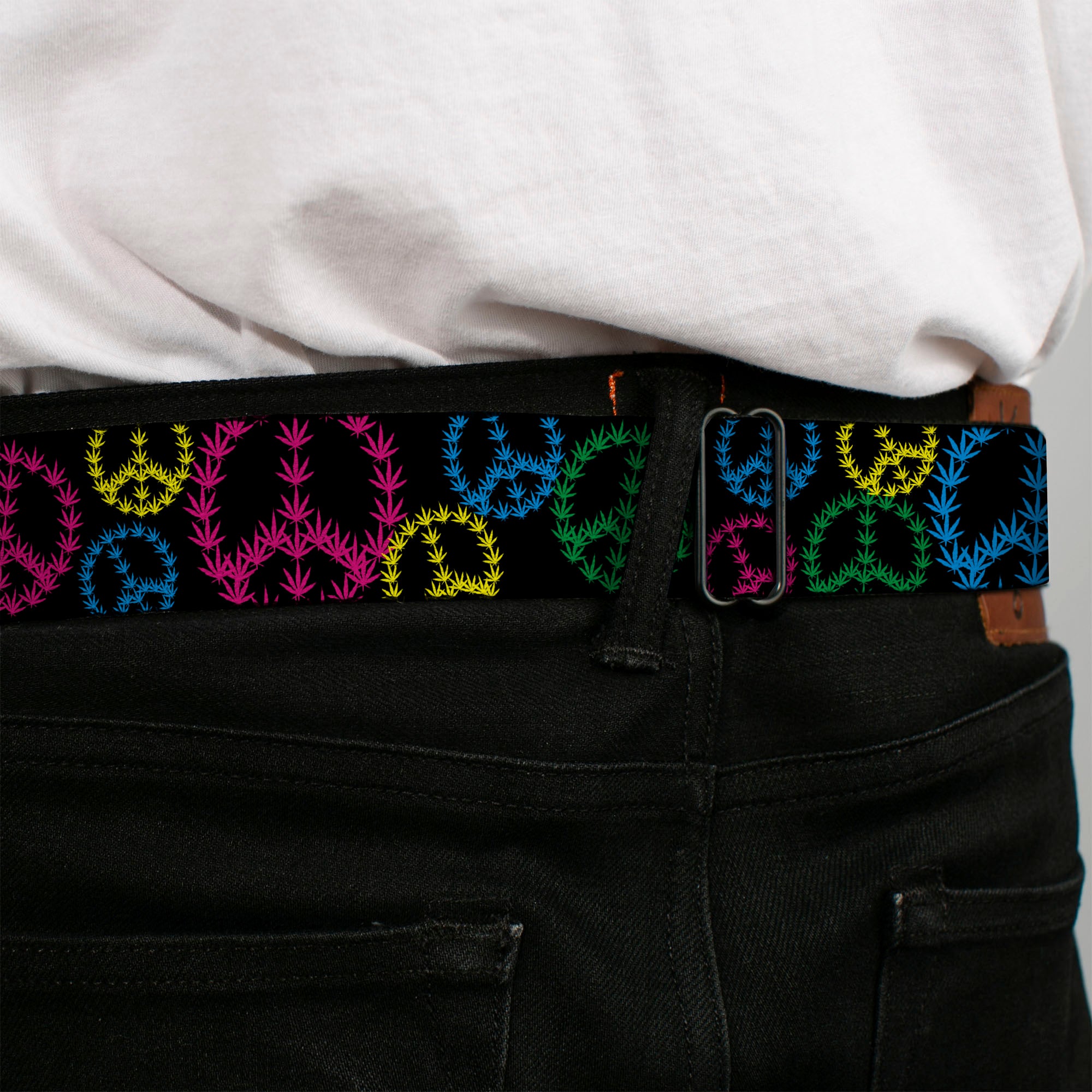 Seatbelt Belt - Multi Marijuana Peace Black/Multi Color Seatbelt Belts Buckle-Down