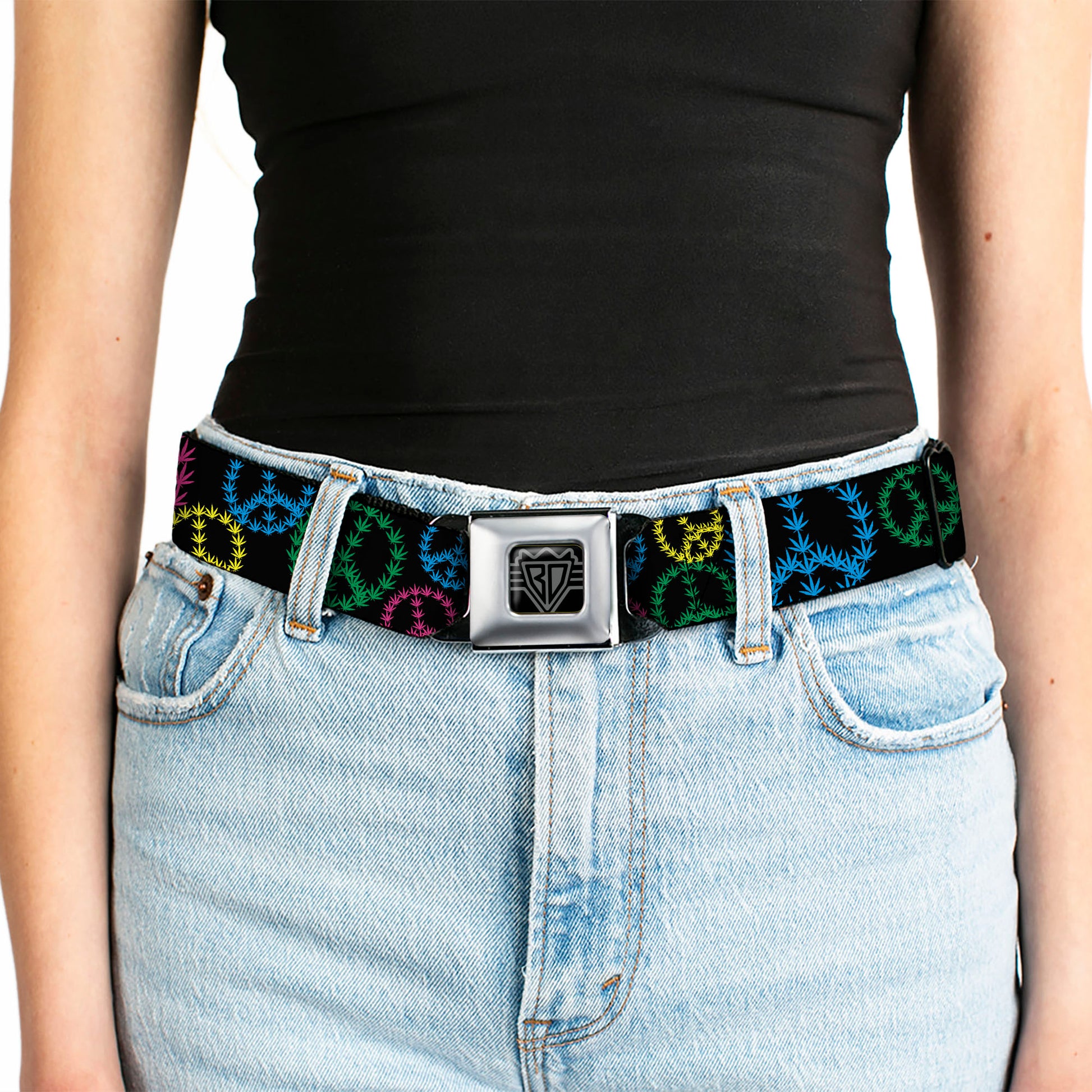 Seatbelt Belt - Multi Marijuana Peace Black/Multi Color Seatbelt Belts Buckle-Down